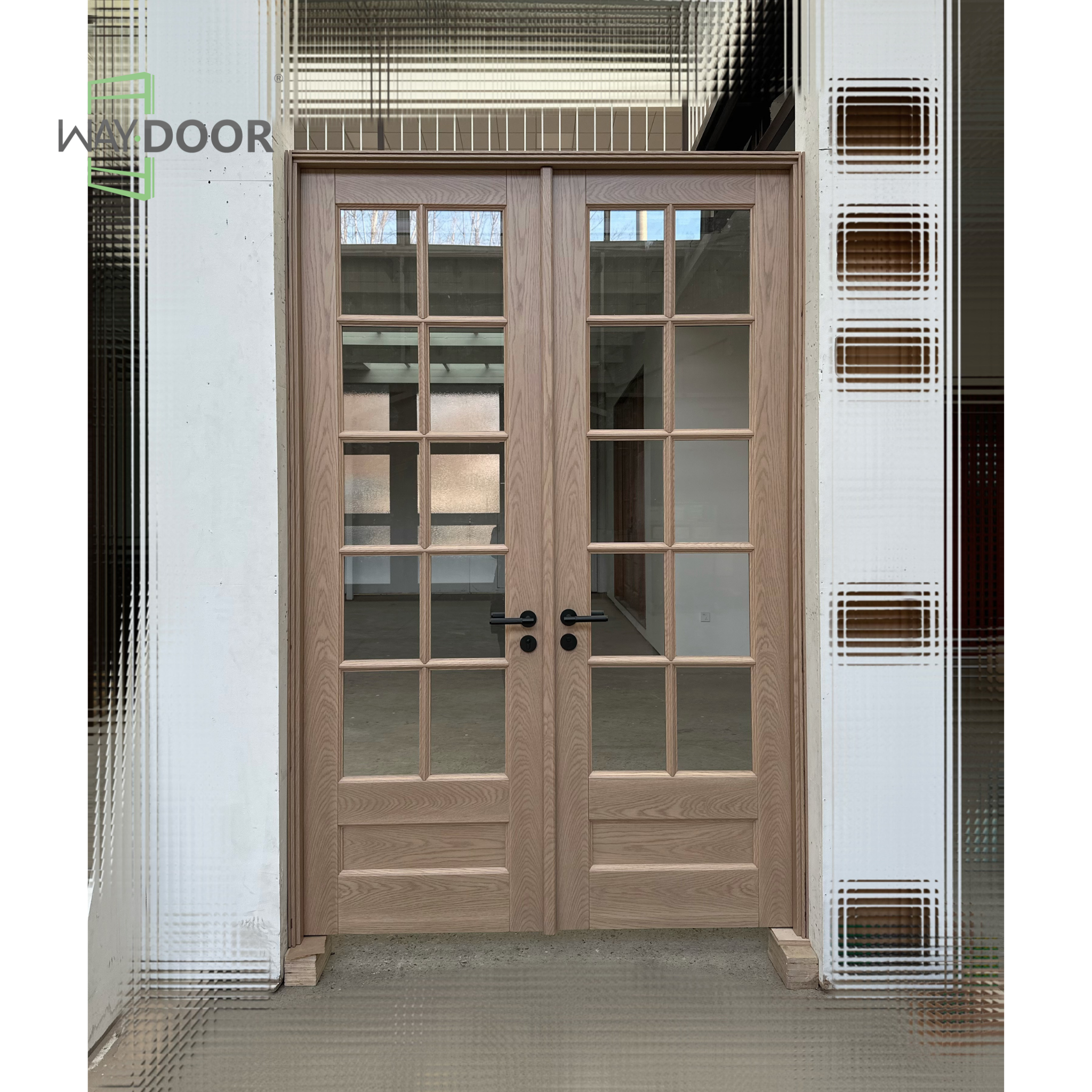 Modern Farmhouse Clear Glass Solid Wood Hinged Double Interior Doors