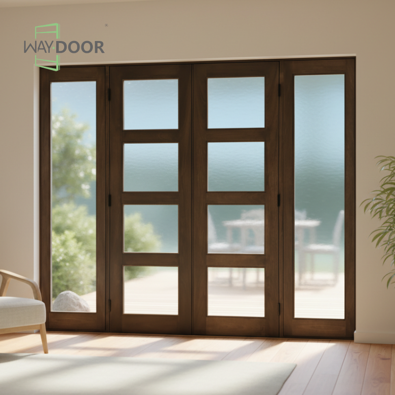 Premium Modern French Solid Wood Entry Door with Double Glass Sidelights