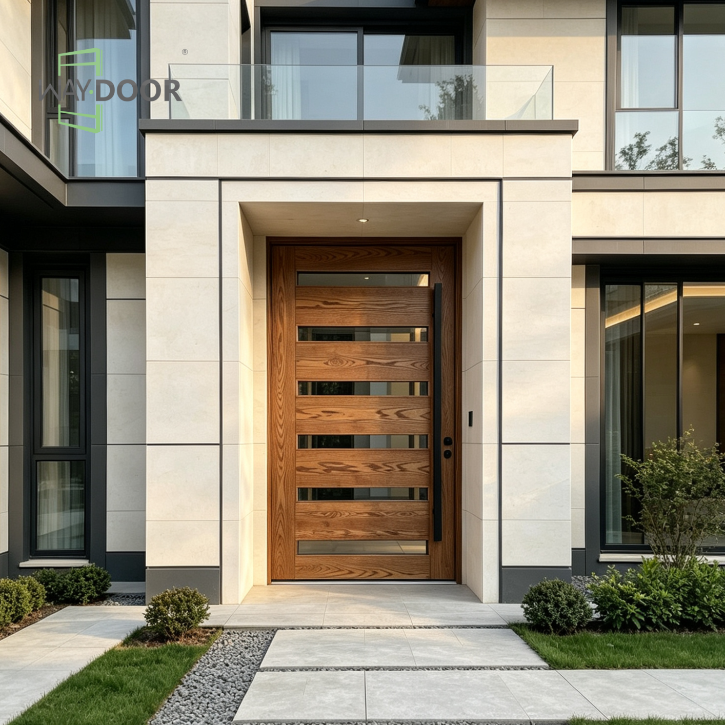 Modern Horizontal Glass Solid Wood Pivot Entry Door