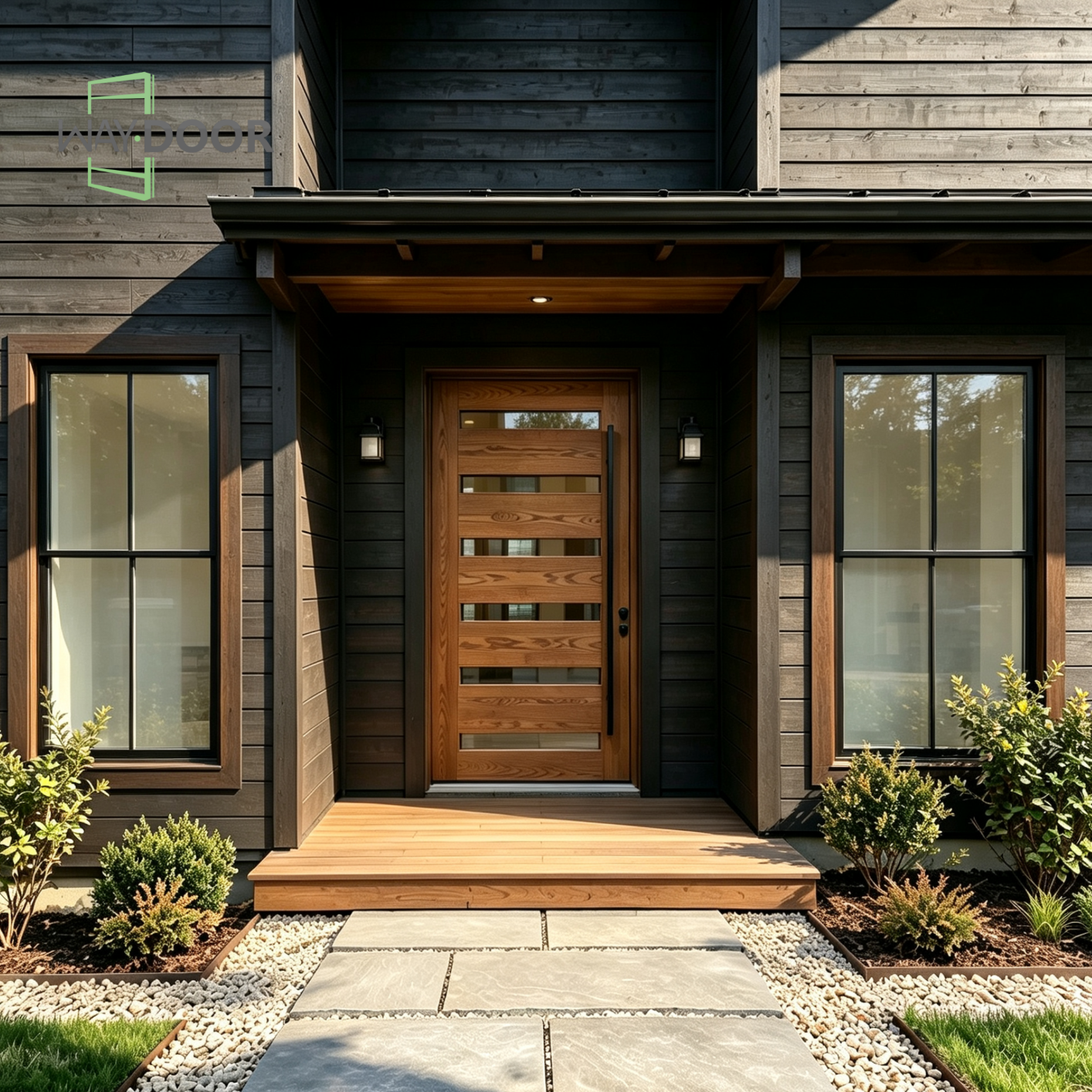 Modern Horizontal Glass Solid Wood Pivot Entry Door