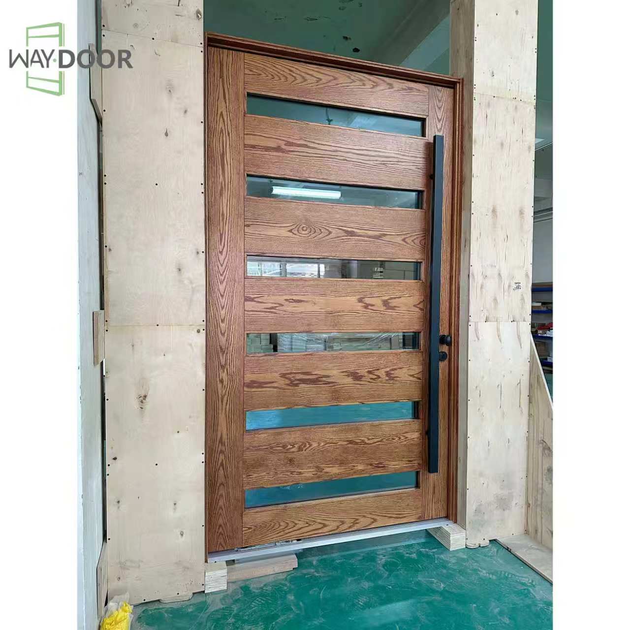 Modern Horizontal Glass Solid Wood Pivot Entry Door