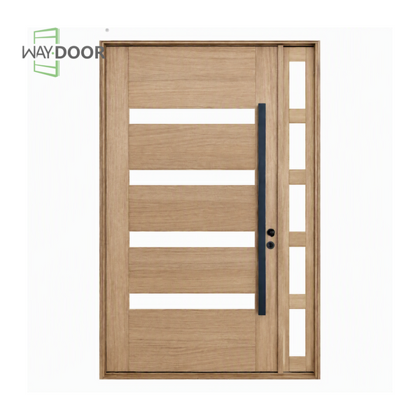 Modern Horizontal Glass Solid Wood Pivot Entry Door with Sidelight