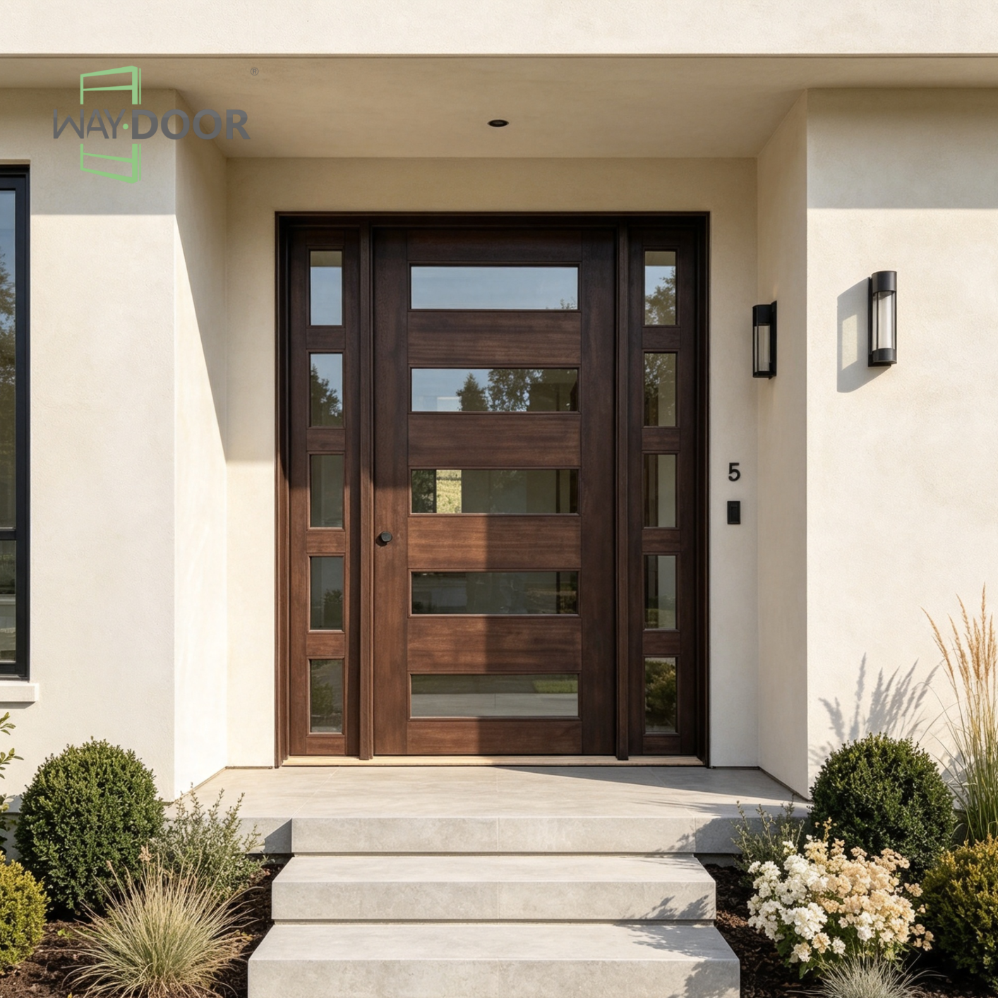Modern Horizontal Solid Wood Entry Door with Dual Sidelites