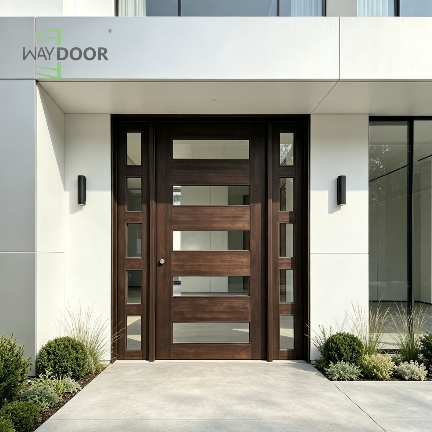 Modern Horizontal Solid Wood Entry Door with Dual Sidelites