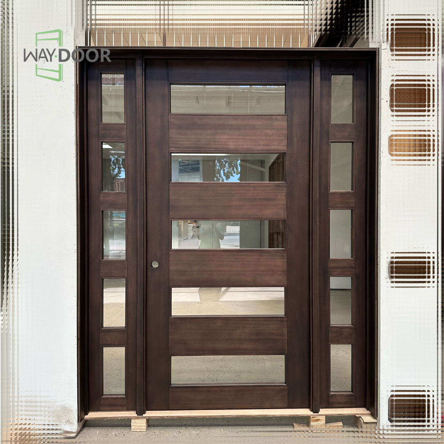 Modern Horizontal Solid Wood Entry Door with Dual Sidelites