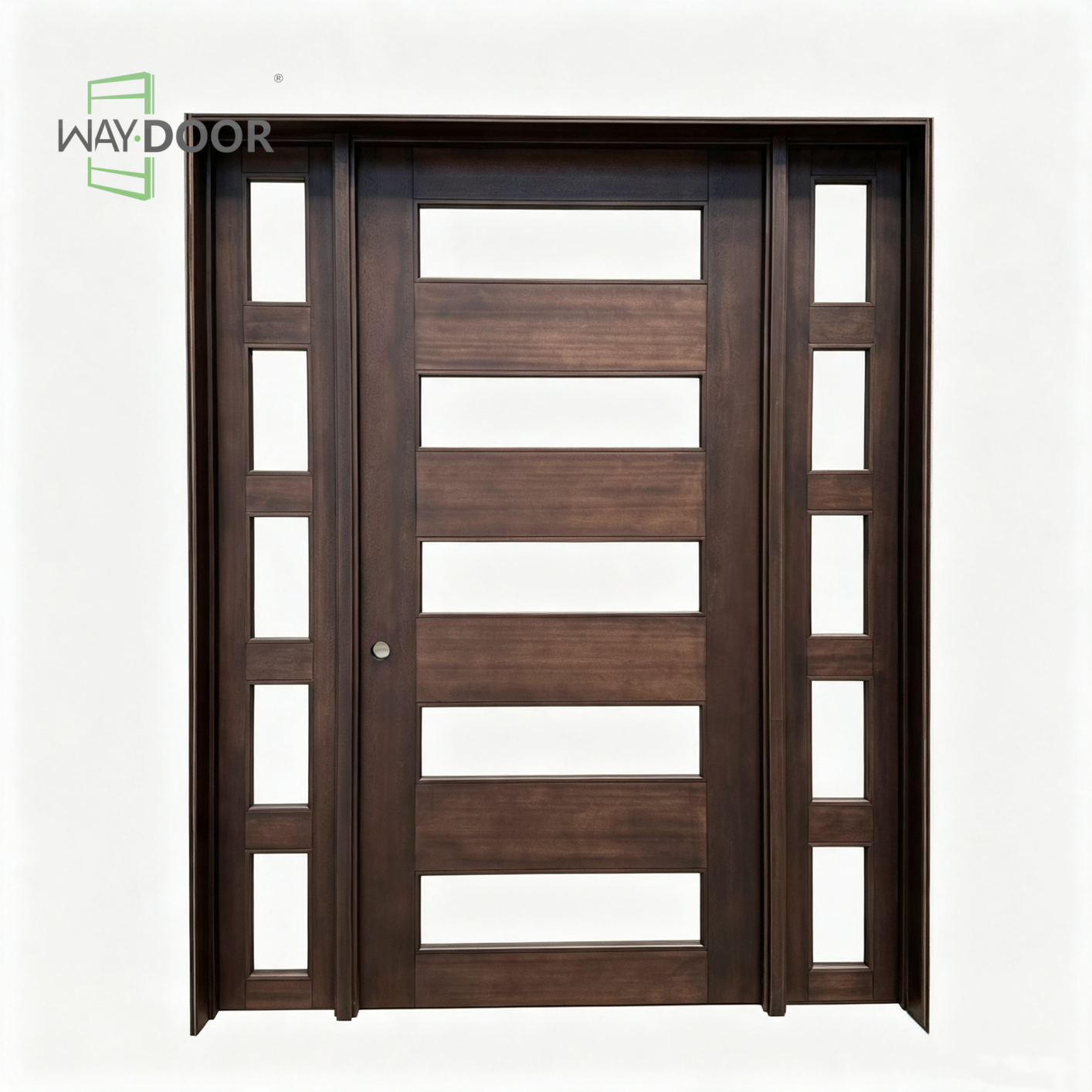 Modern Horizontal Solid Wood Entry Door with Dual Sidelites