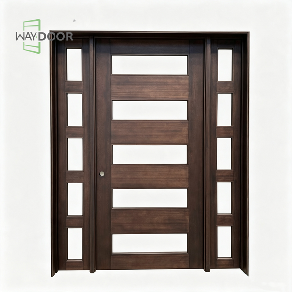 Modern Horizontal Solid Wood Entry Door with Dual Sidelites