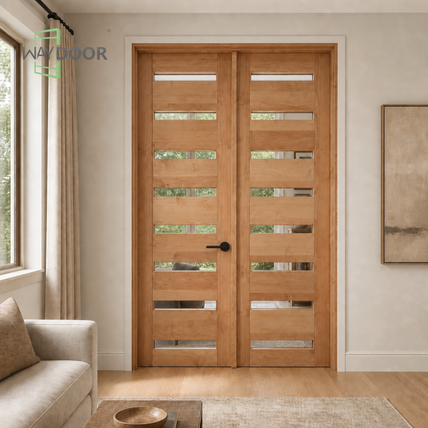 Modern Horizontal‑Lite Solid Wood Double Hinged Interior Door