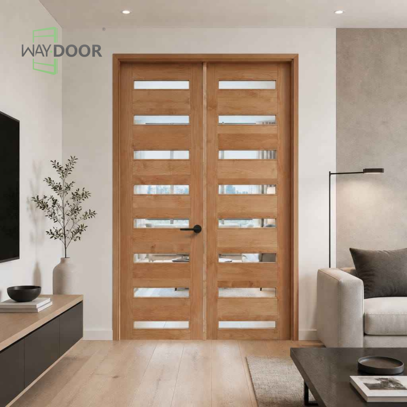 Modern Horizontal‑Lite Solid Wood Double Hinged Interior Door