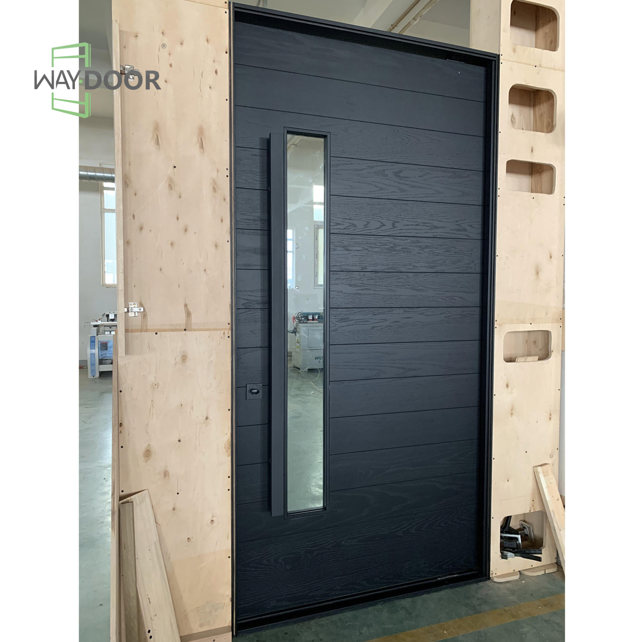 Modern Solid Wood Pivot Entry Door with Clear Glass