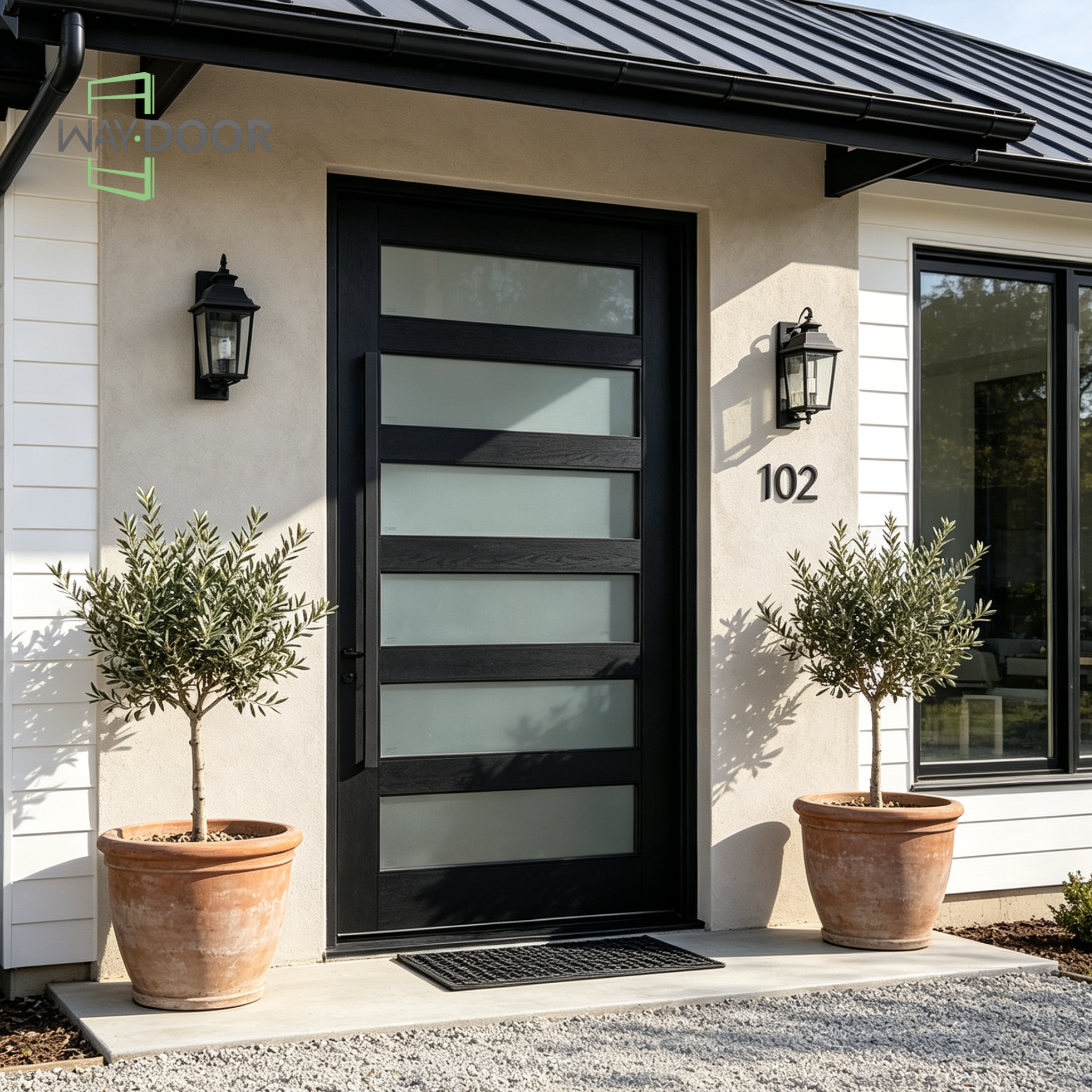 Modern Solid Wood Pivot Entry Door with Frosted Glass