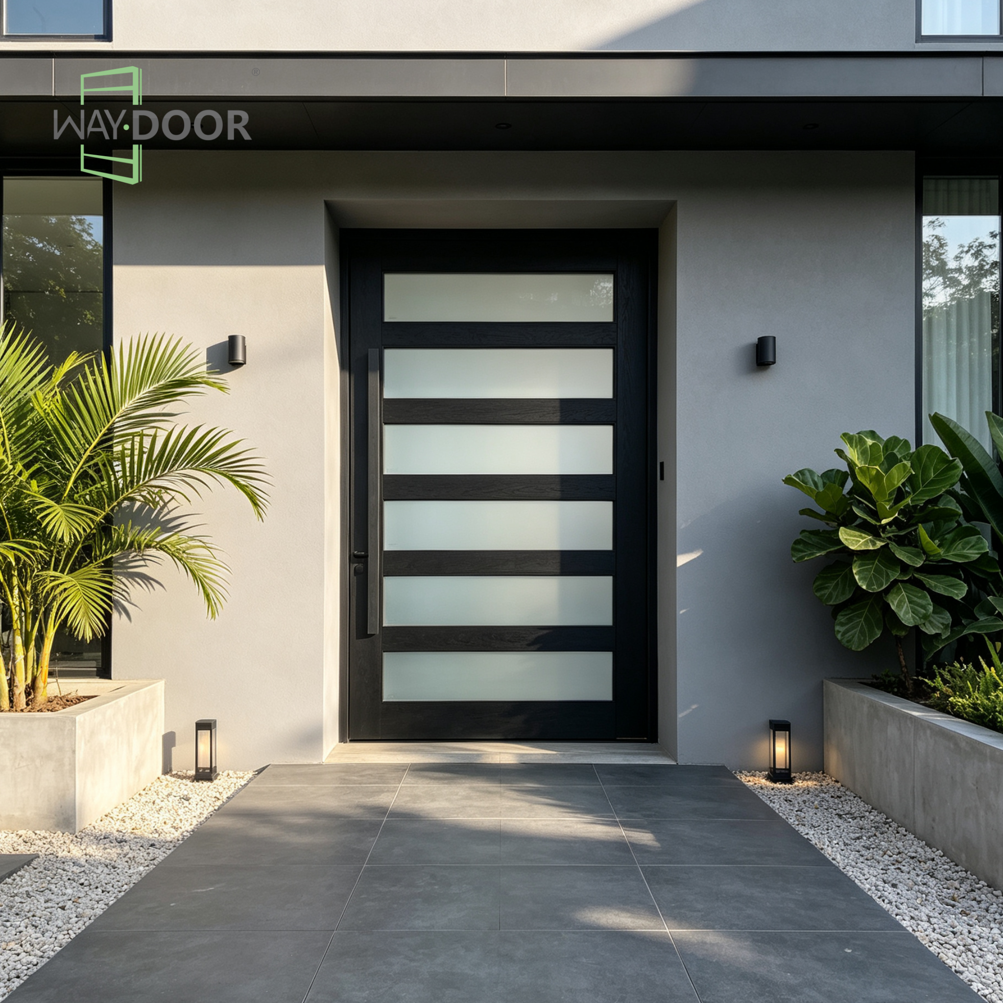 Modern Solid Wood Pivot Entry Door with Frosted Glass
