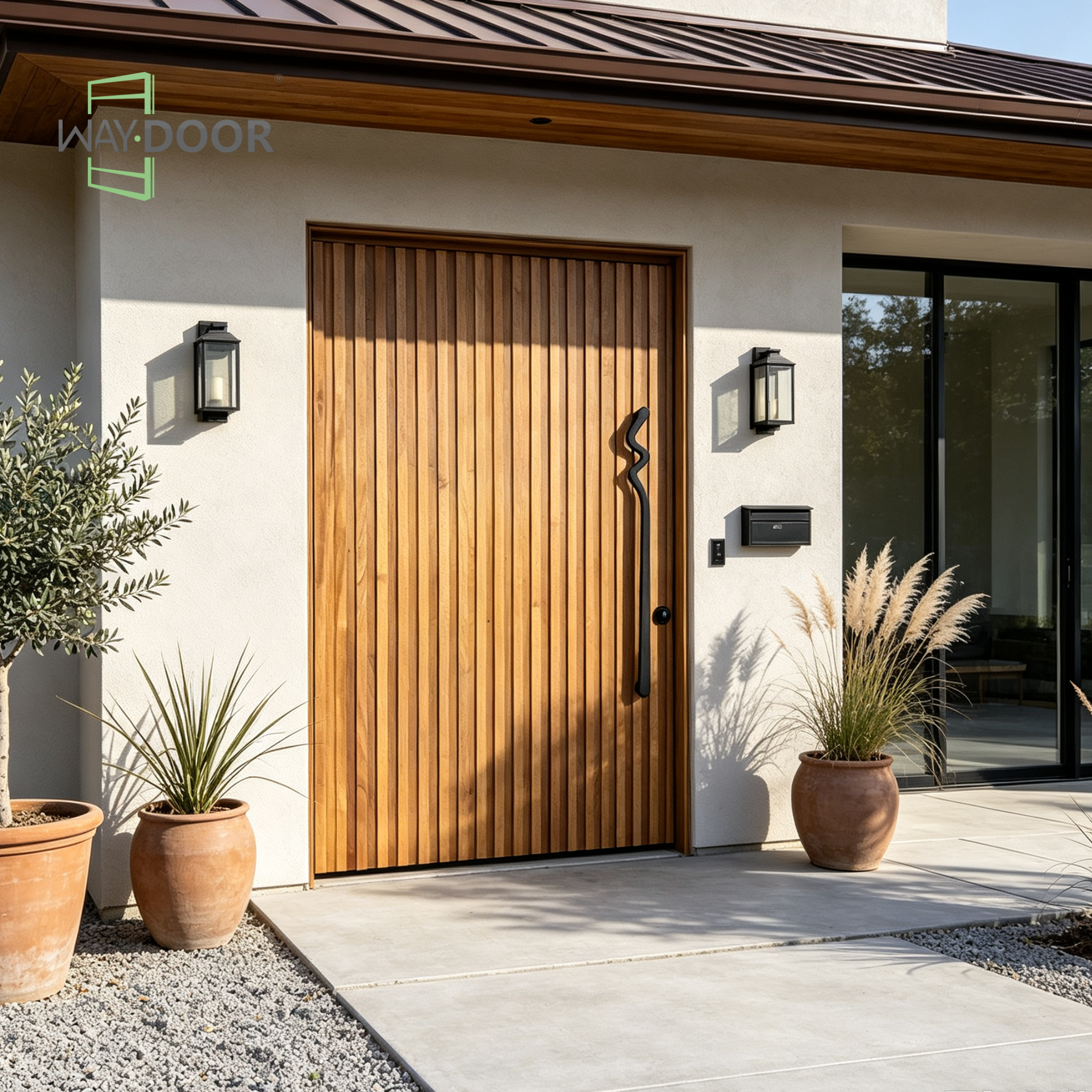Modern Solid Wood Pivot Entry Door with Vertical Slat Panels