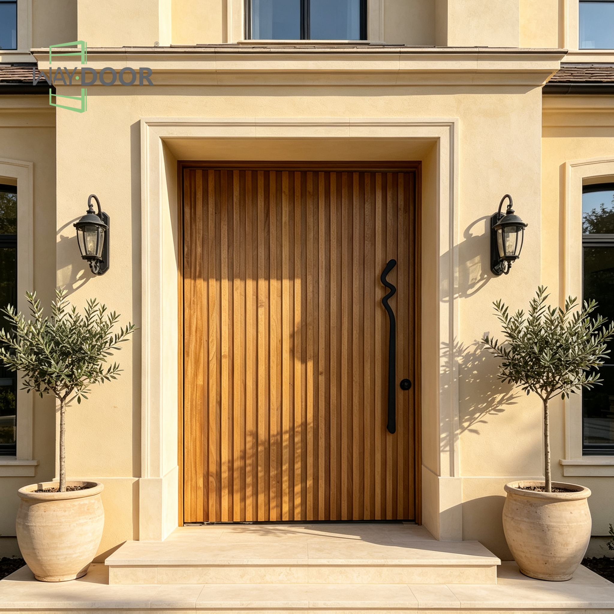 Modern Solid Wood Pivot Entry Door with Vertical Slat Panels