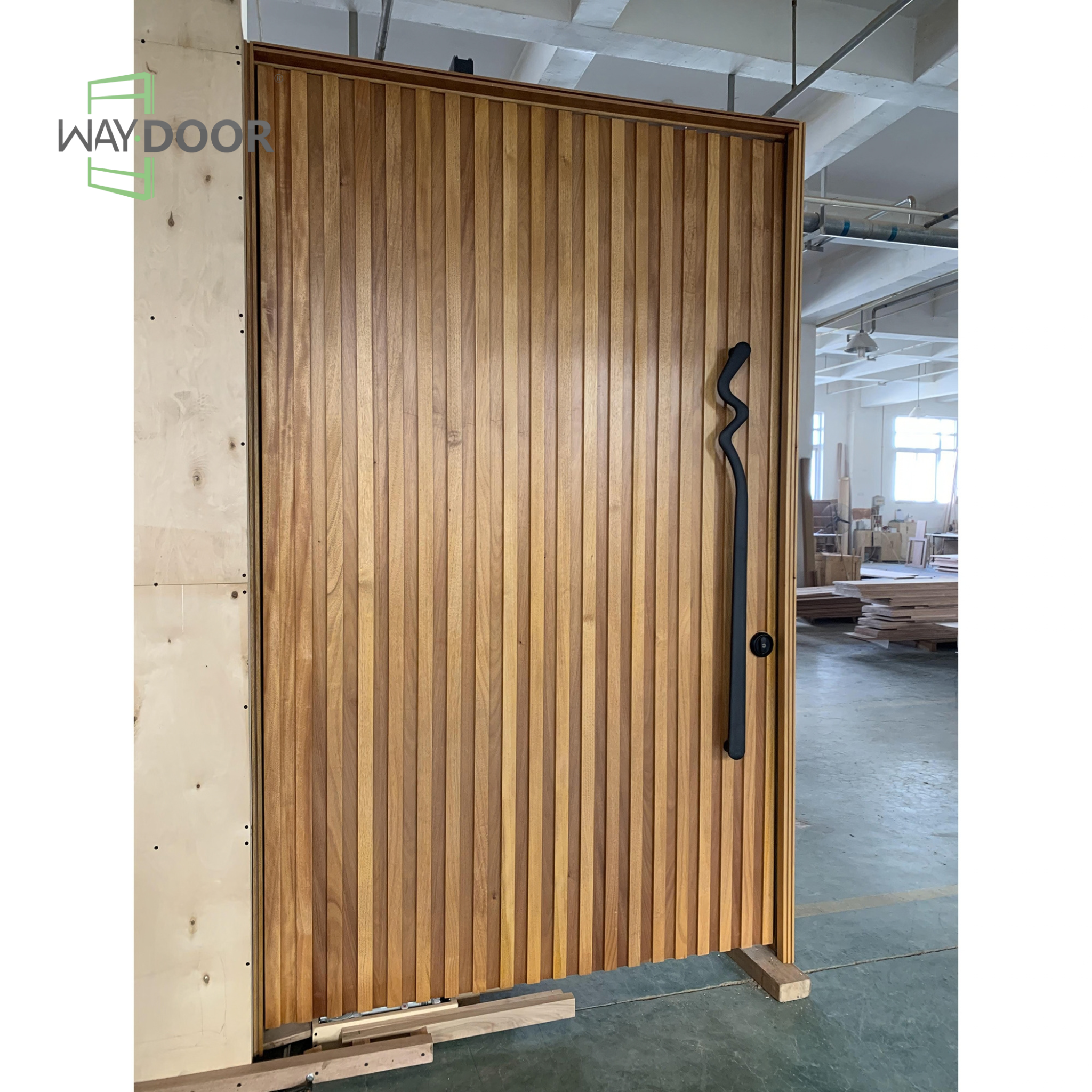 Modern Solid Wood Pivot Entry Door with Vertical Slat Panels
