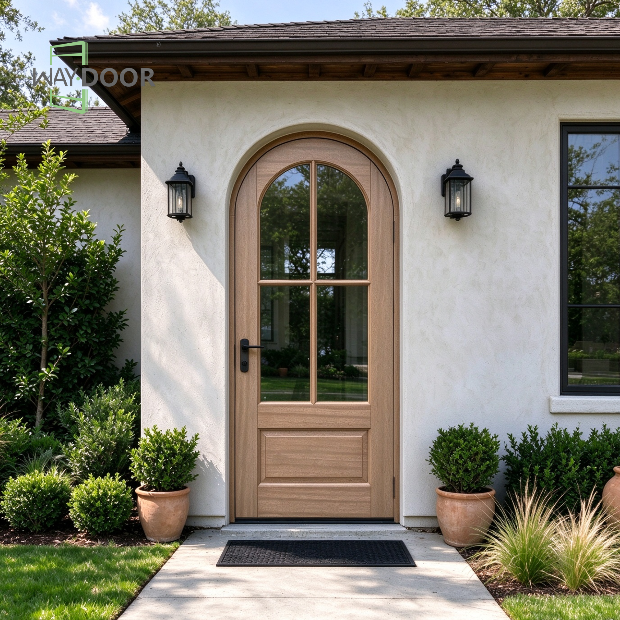 Natural Tone Arched Solid Wood Exterior Door