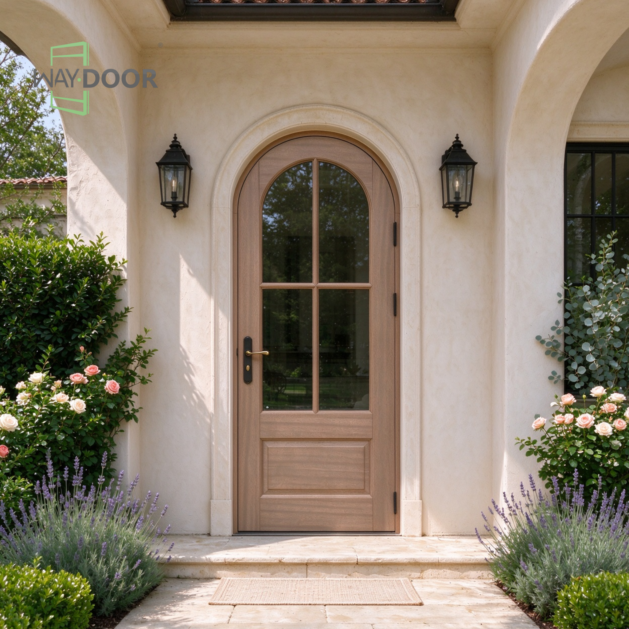 Natural Tone Arched Solid Wood Exterior Door