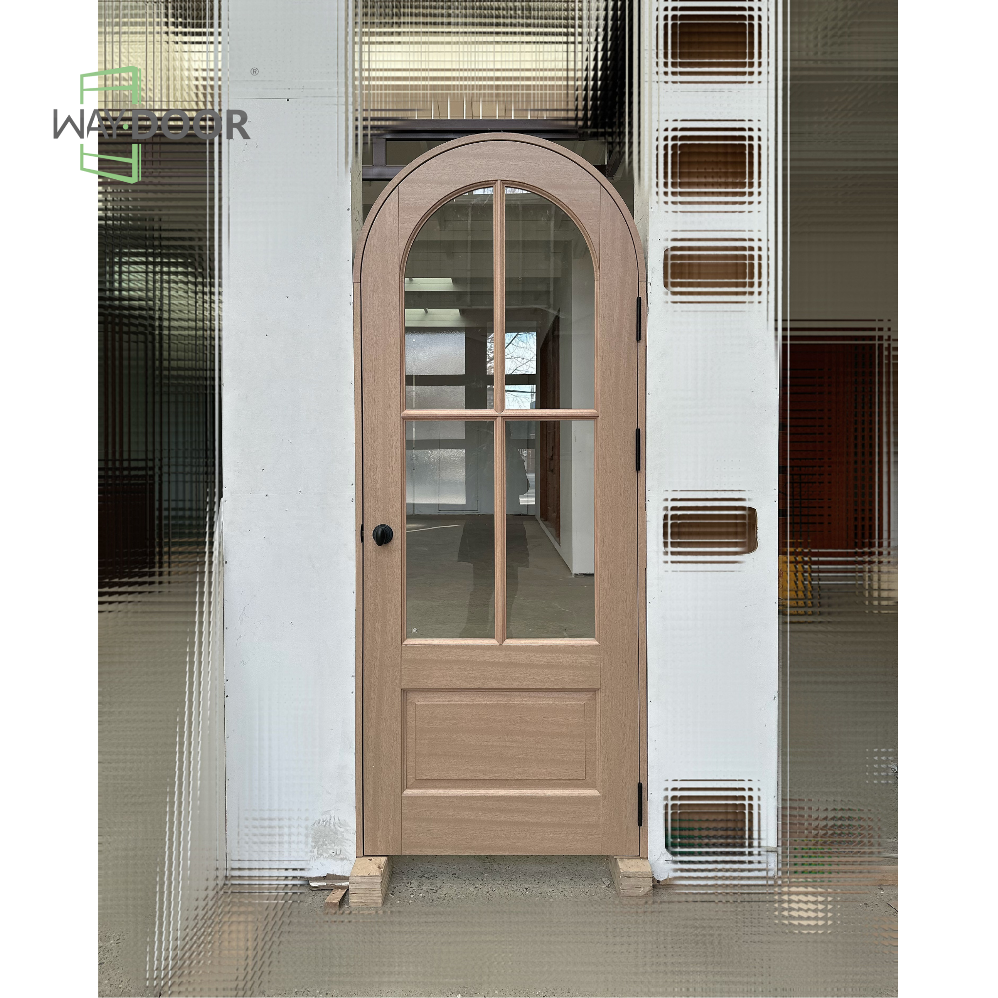 Natural Tone Arched Solid Wood Exterior Door