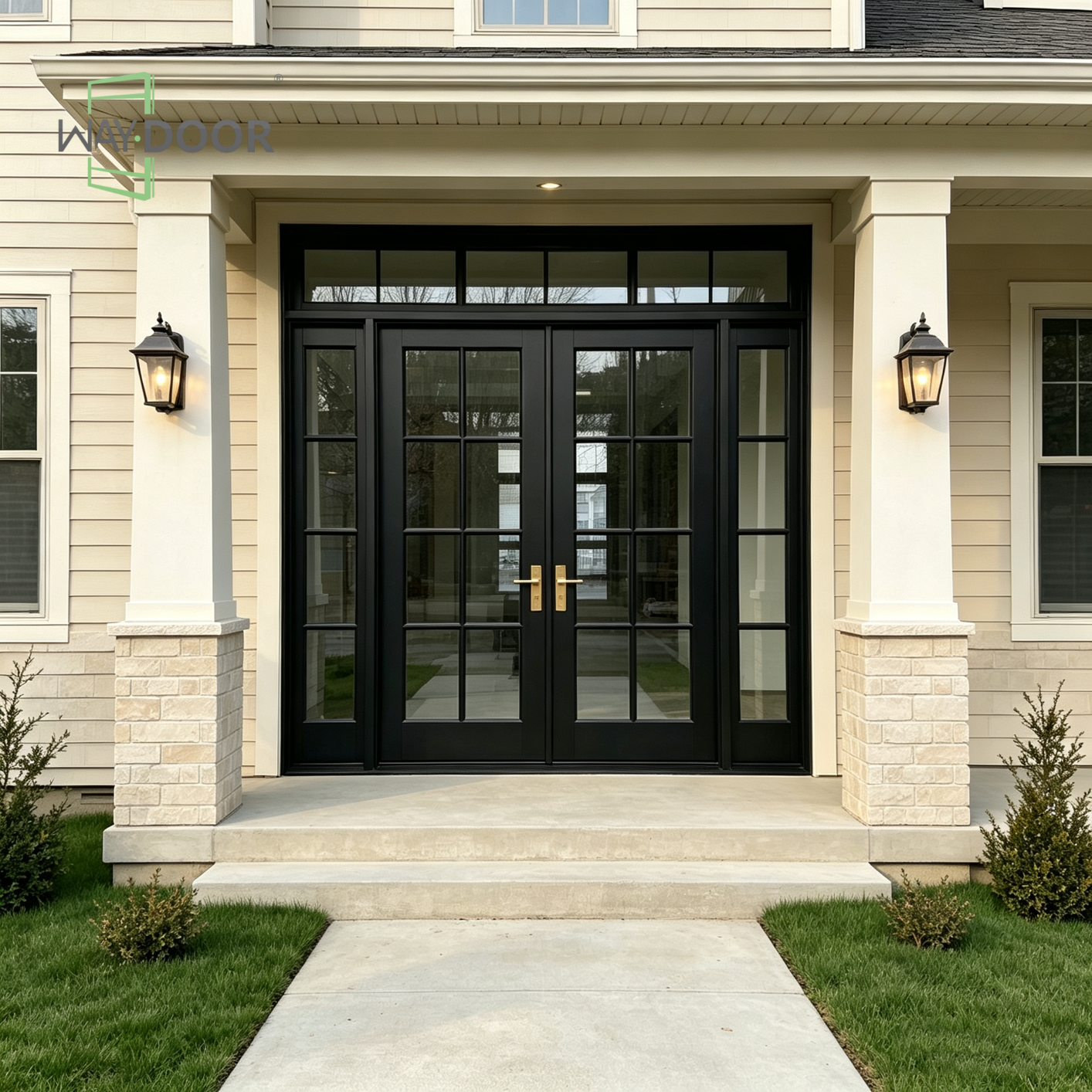 Premium Black Grid Double Hinged Entry Door with Sidelights & Transom Window