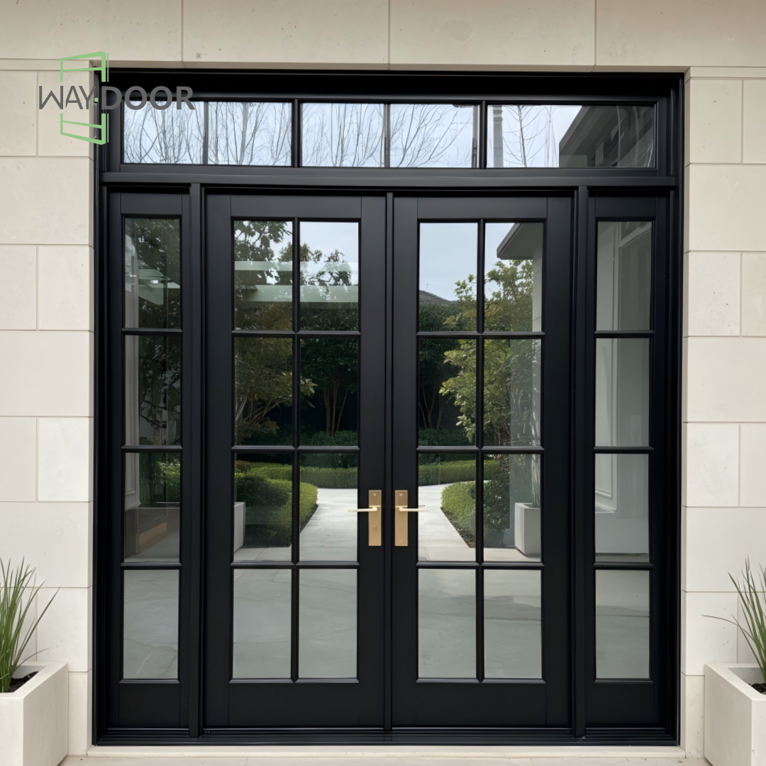 Premium Black Grid Double Hinged Entry Door with Sidelights & Transom Window