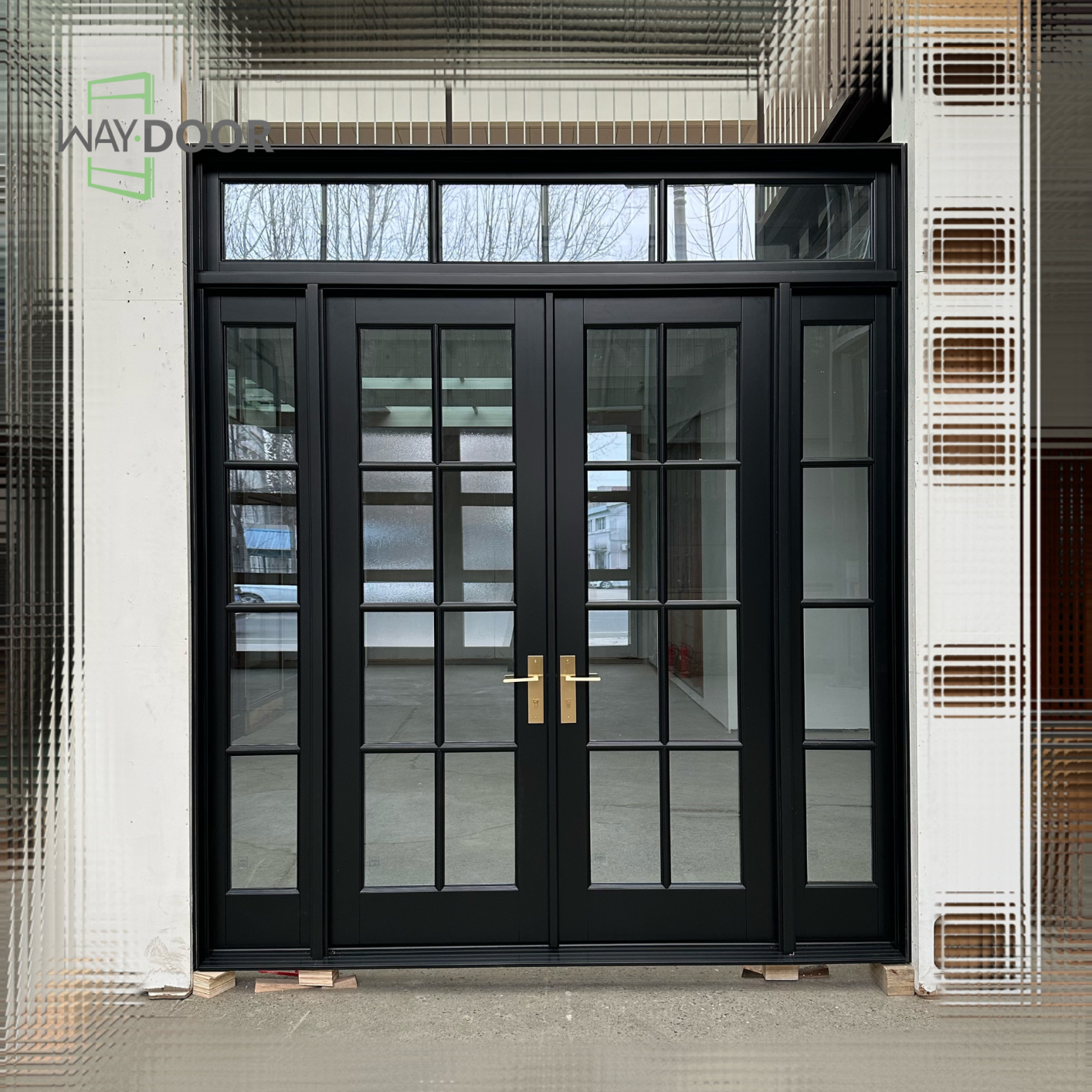 Premium Black Grid Double Hinged Entry Door with Sidelights & Transom Window