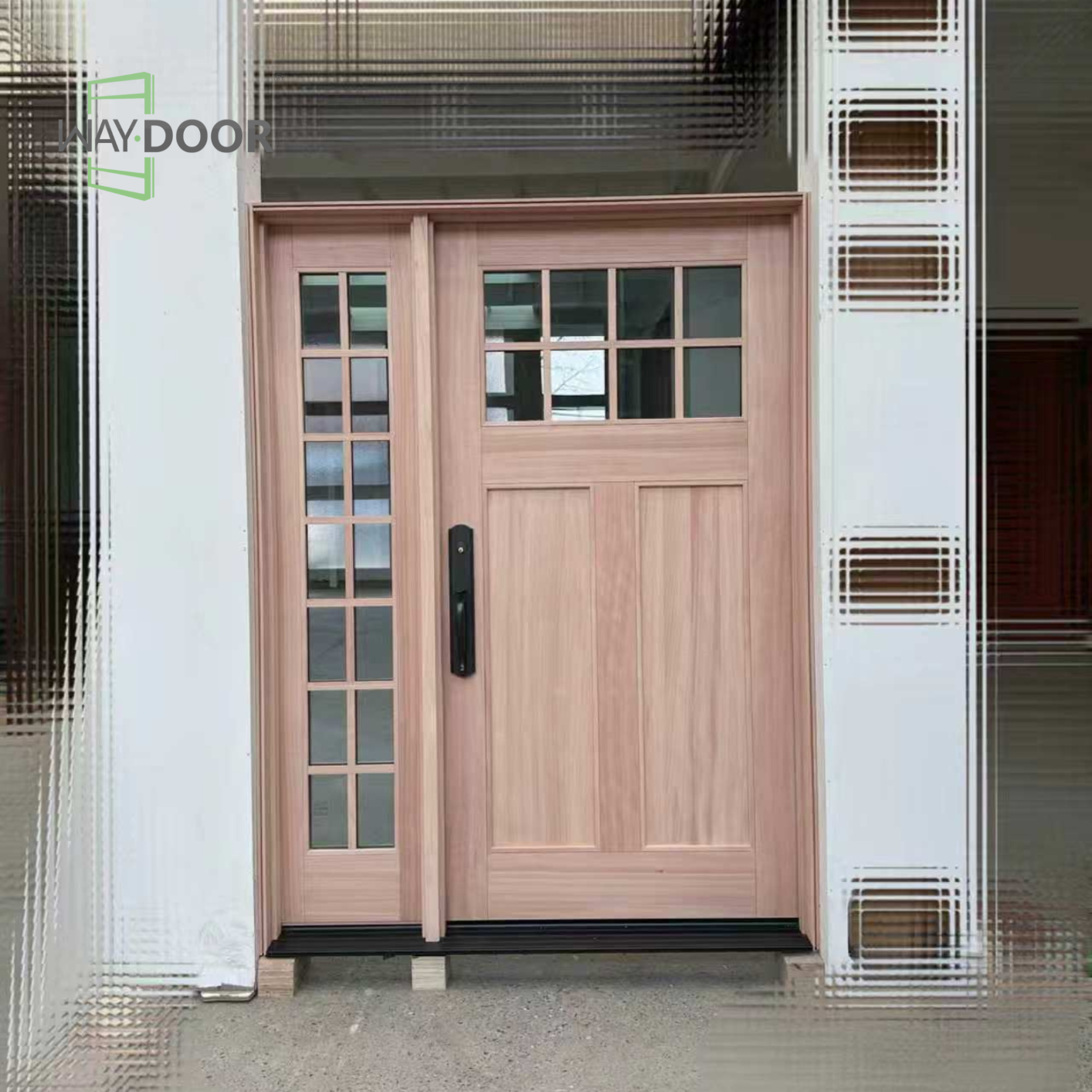Premium Solid Wood Linear Design Entry Door with Sidelight