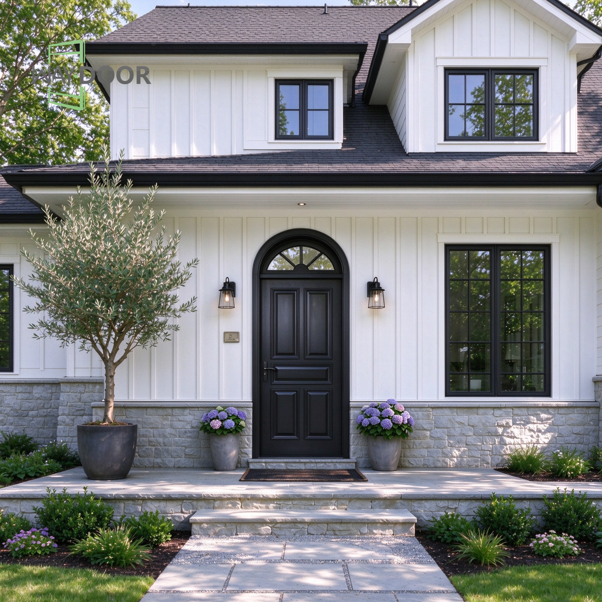 Raised Panel Solid Wood Front Door with Arched Transom Window