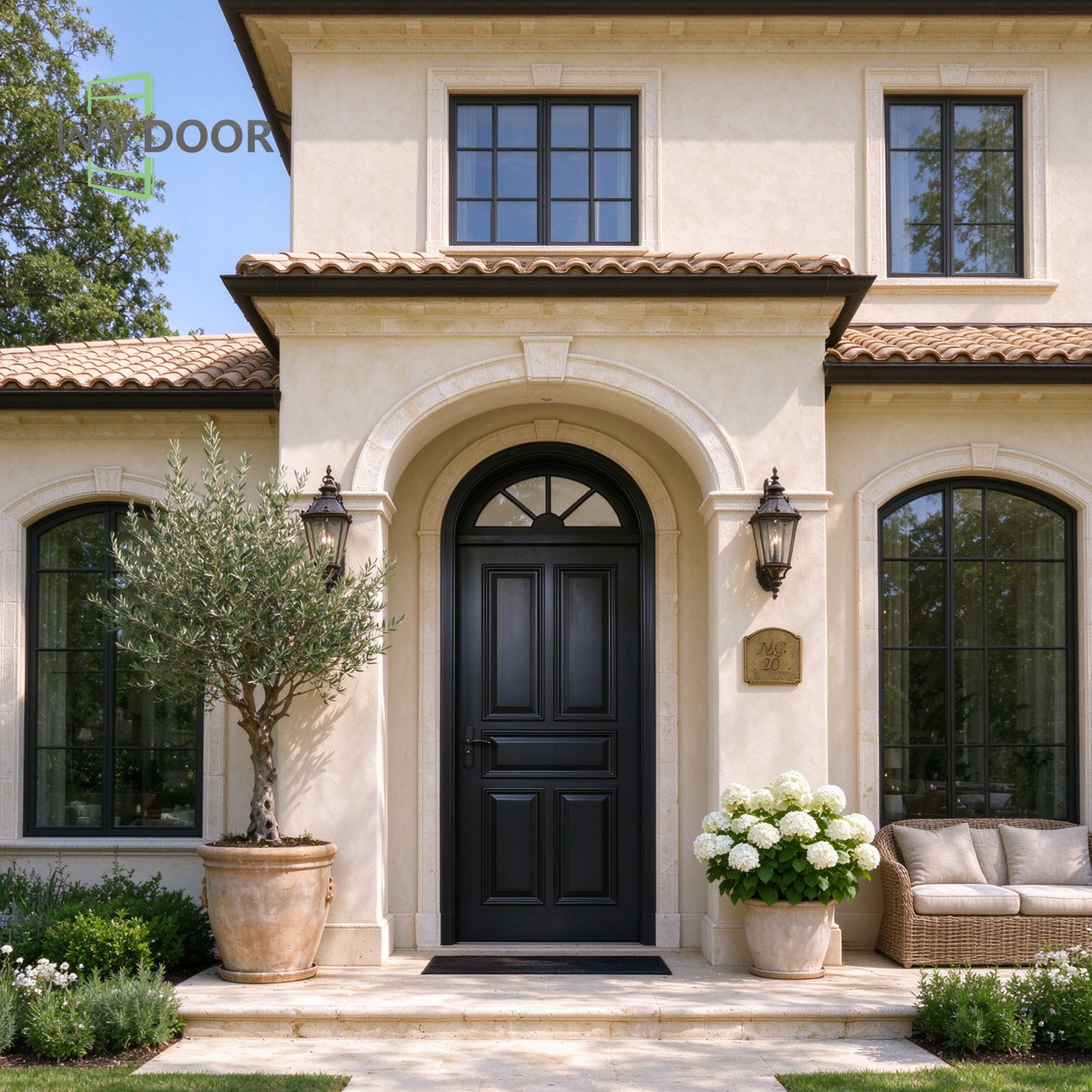 Raised Panel Solid Wood Front Door with Arched Transom Window