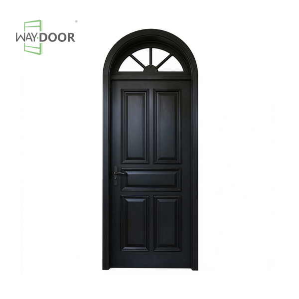Raised Panel Solid Wood Front Door with Arched Transom Window