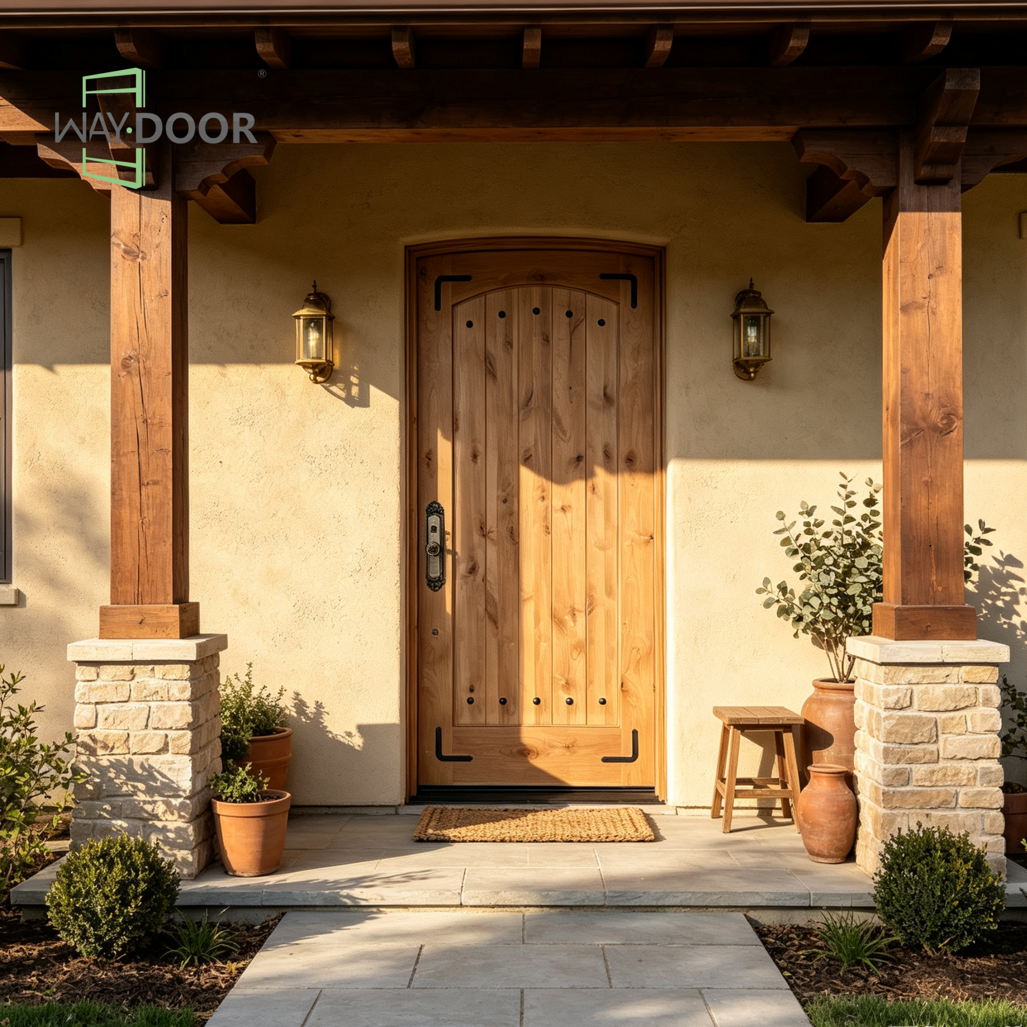 Rustic Knotty Alder Arch Top Hinged Exterior Door