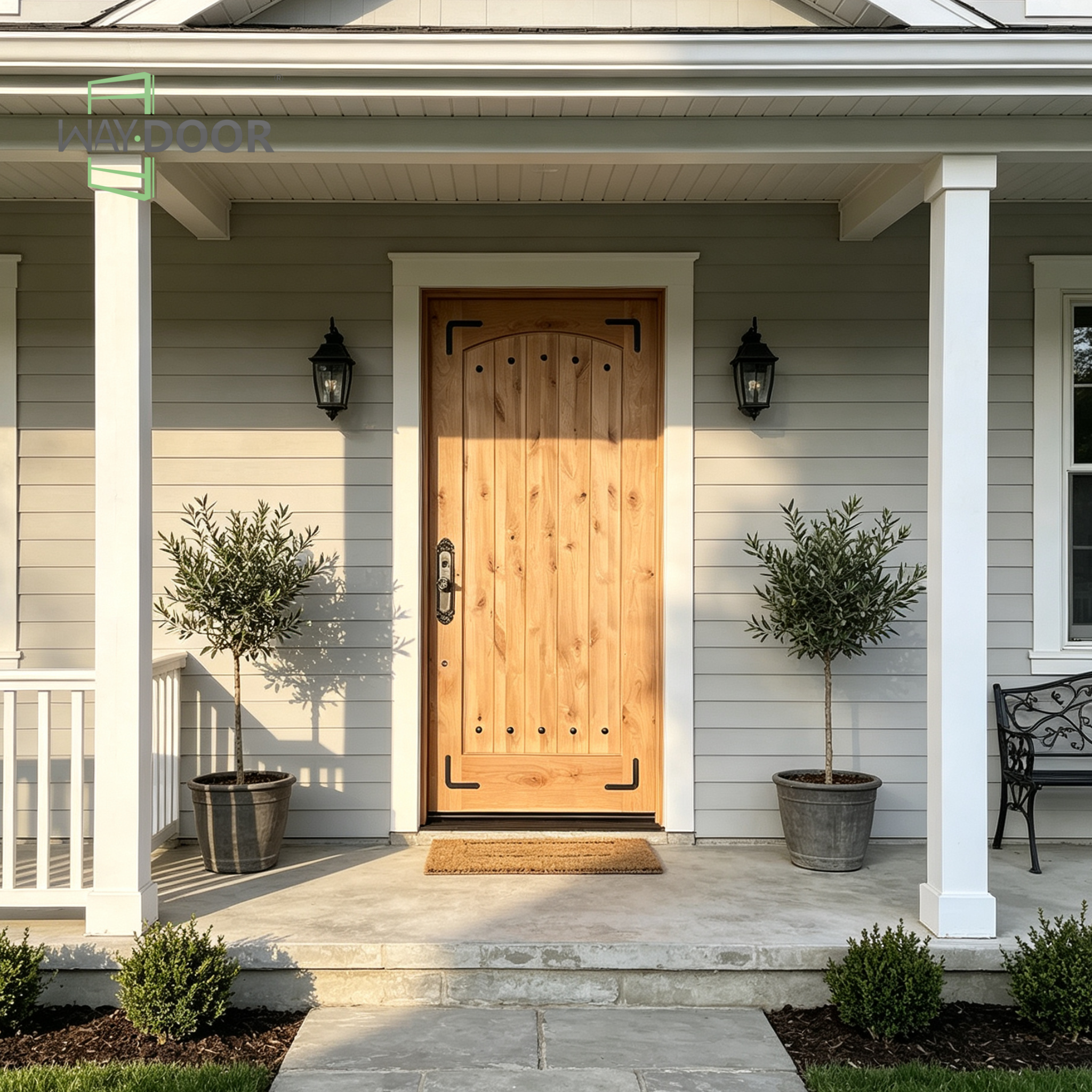 Rustic Knotty Alder Arch Top Hinged Exterior Door