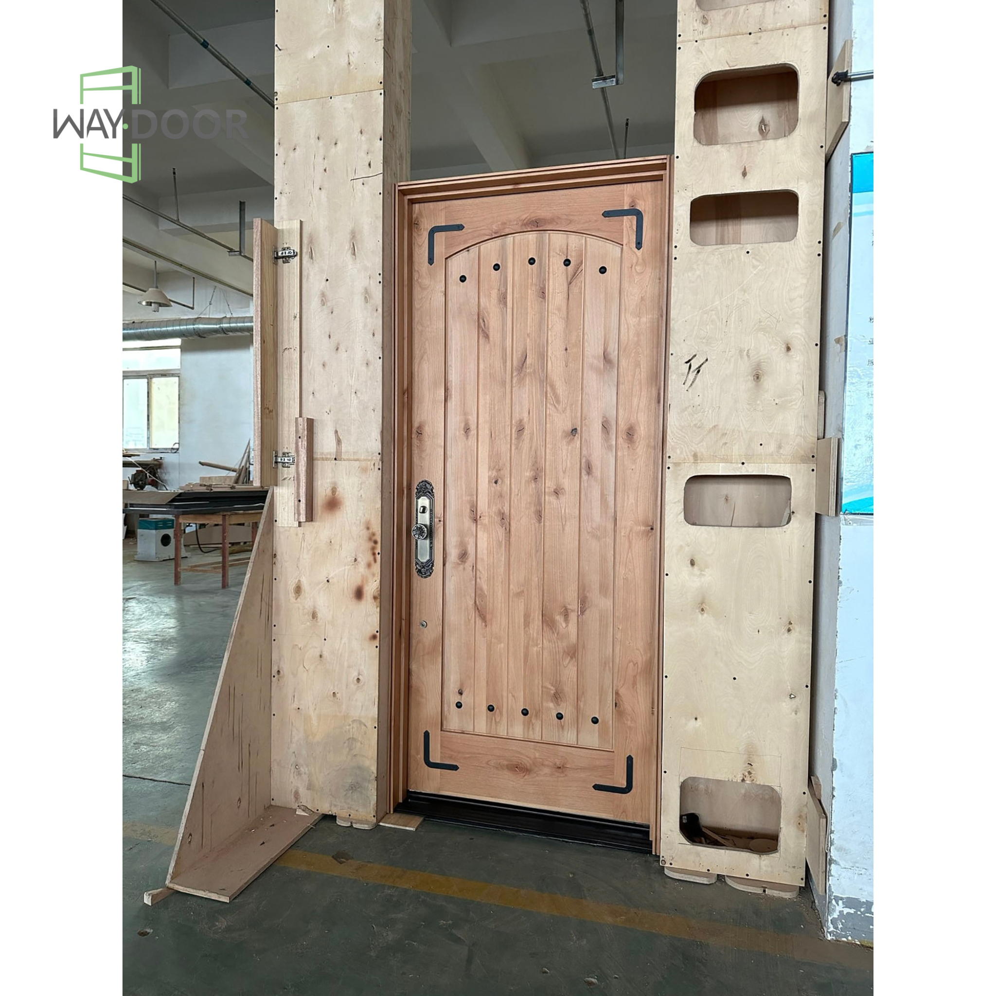 Rustic Knotty Alder Arch Top Hinged Exterior Door