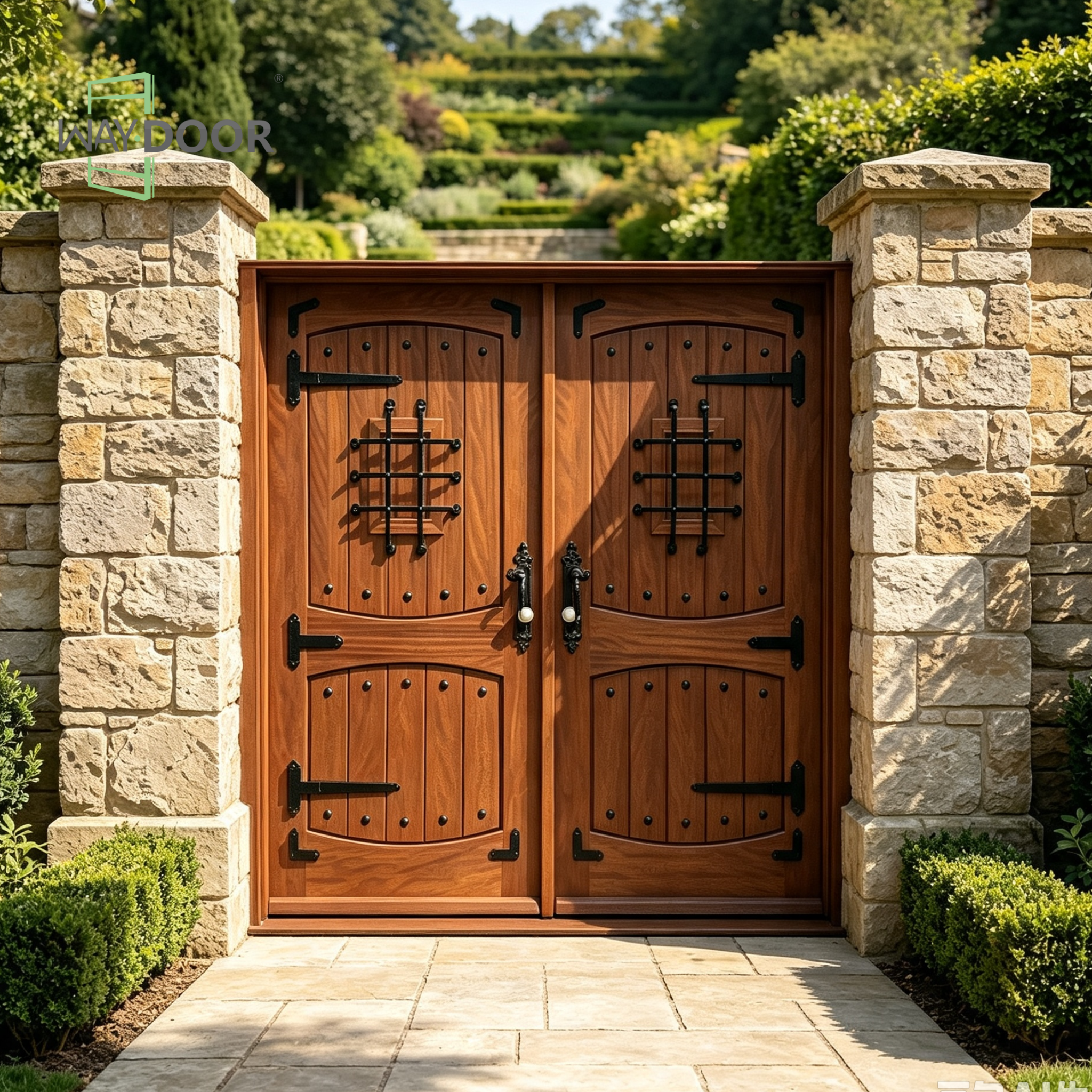 Rustic Wrought Iron Solid Wood Double Hinged Exterior Door