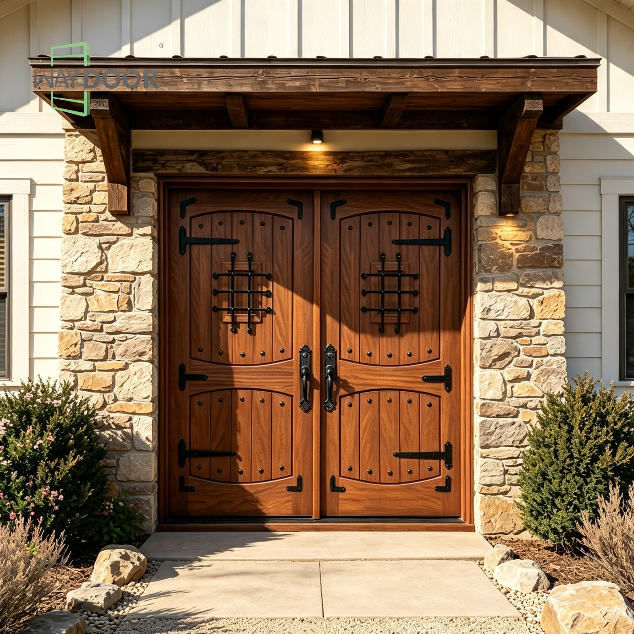 Rustic Wrought Iron Solid Wood Double Hinged Exterior Door