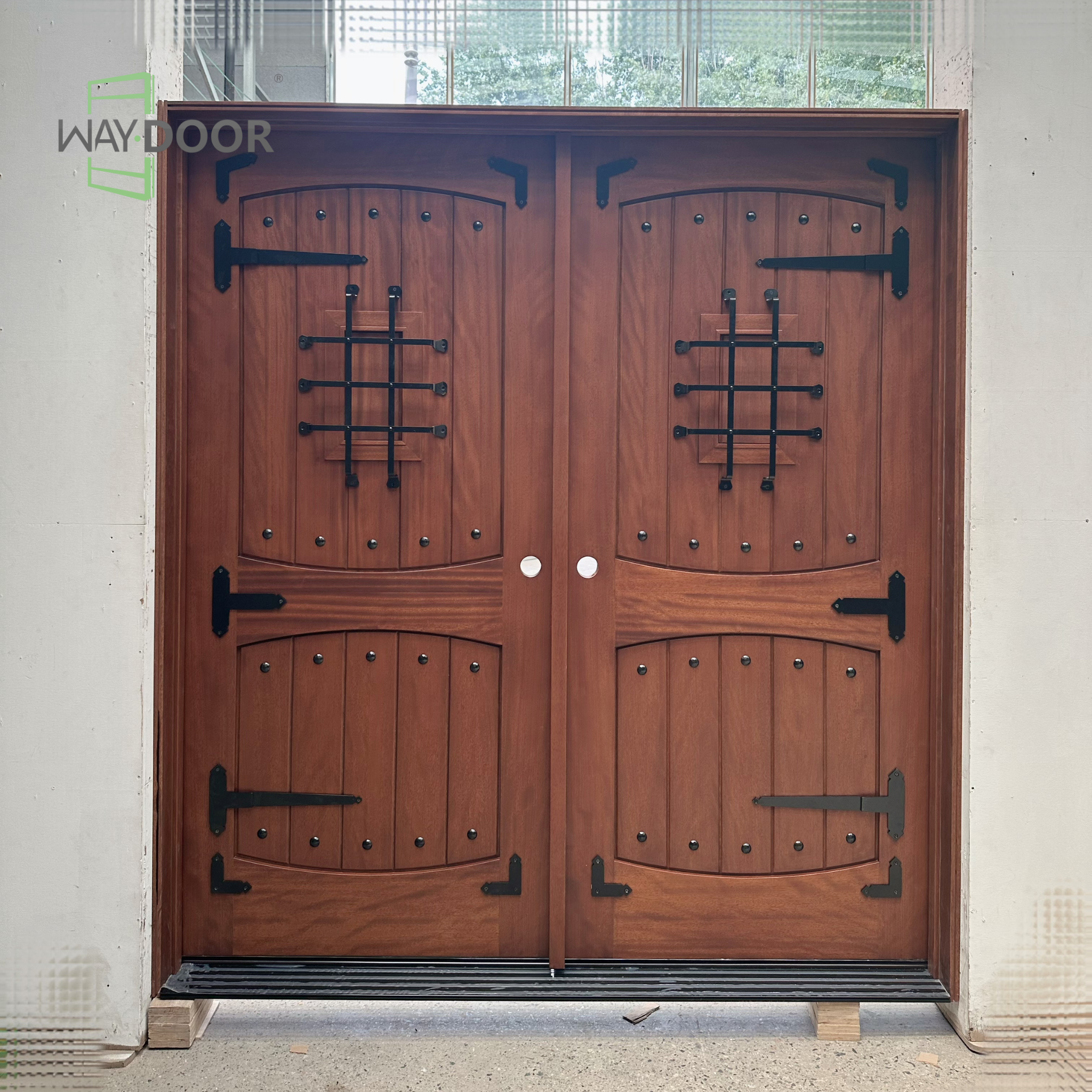 Rustic Wrought Iron Solid Wood Double Hinged Exterior Door
