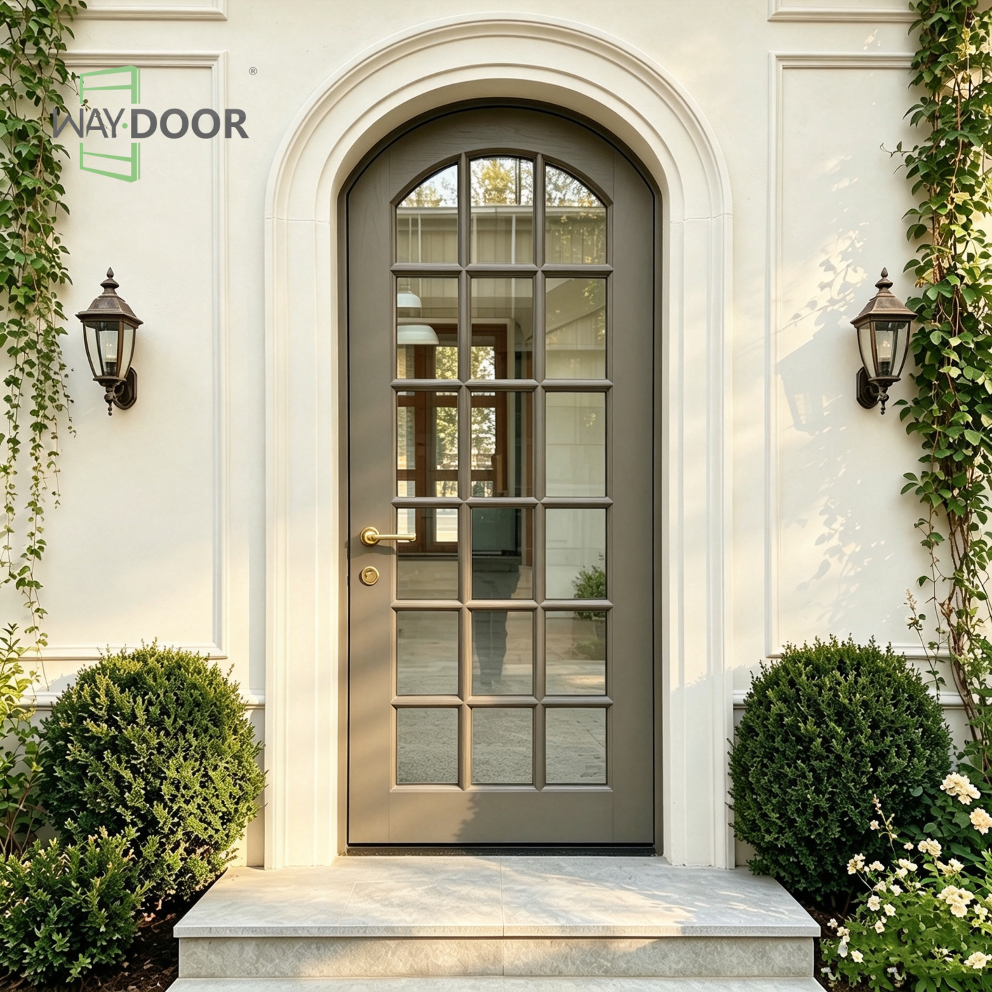 Single Arched Wood Exterior Door With 15-Lite Glass
