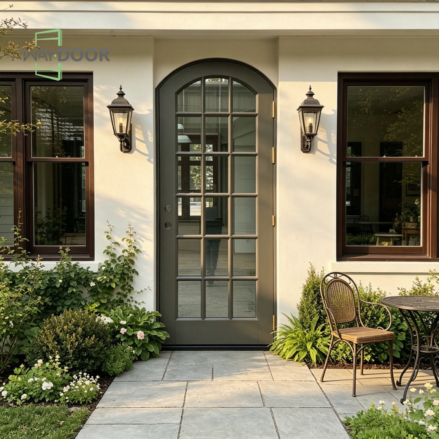Single Arched Wood Exterior Door With 15-Lite Glass