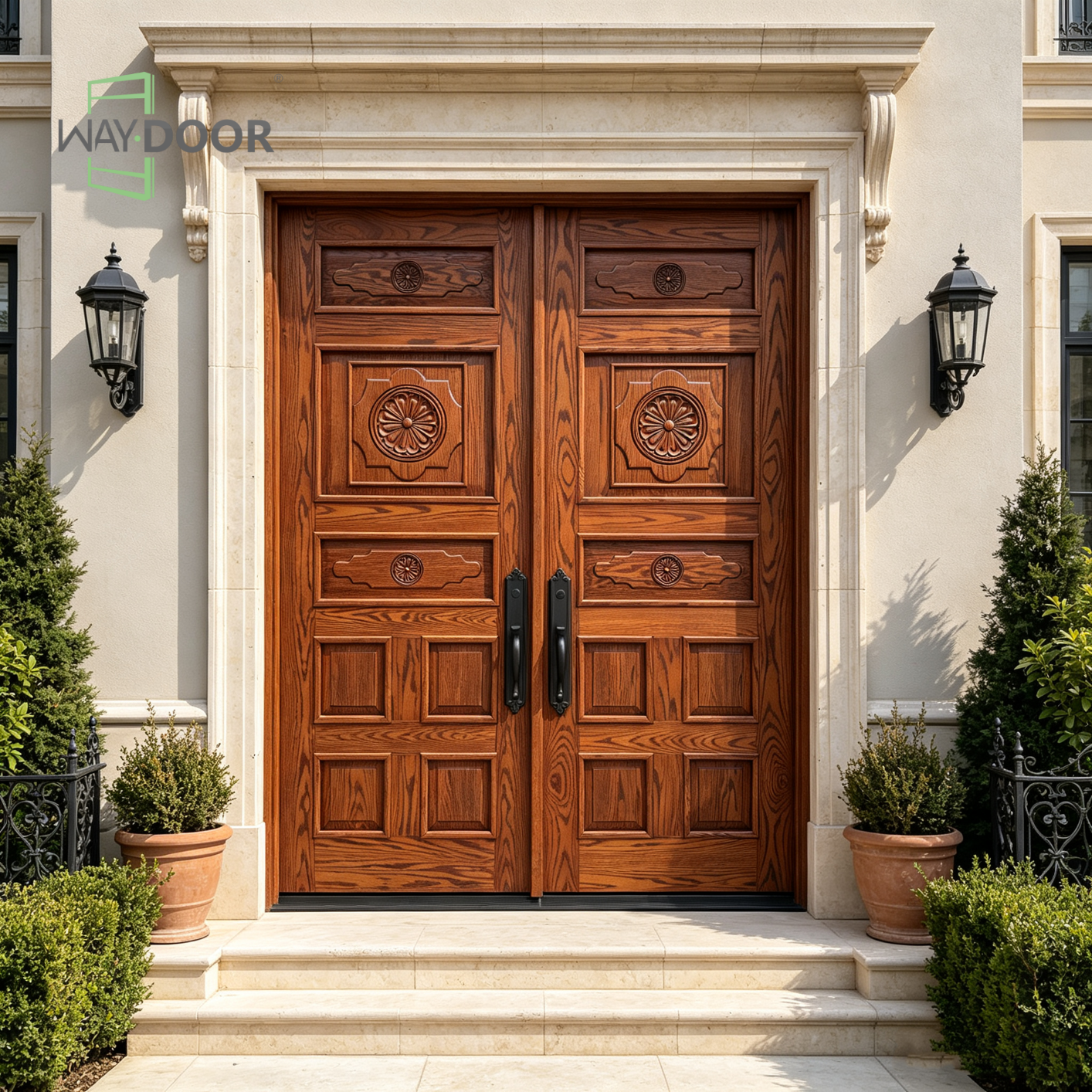 Solid Oak Double Front Entry Door with Carved Floral Detailing