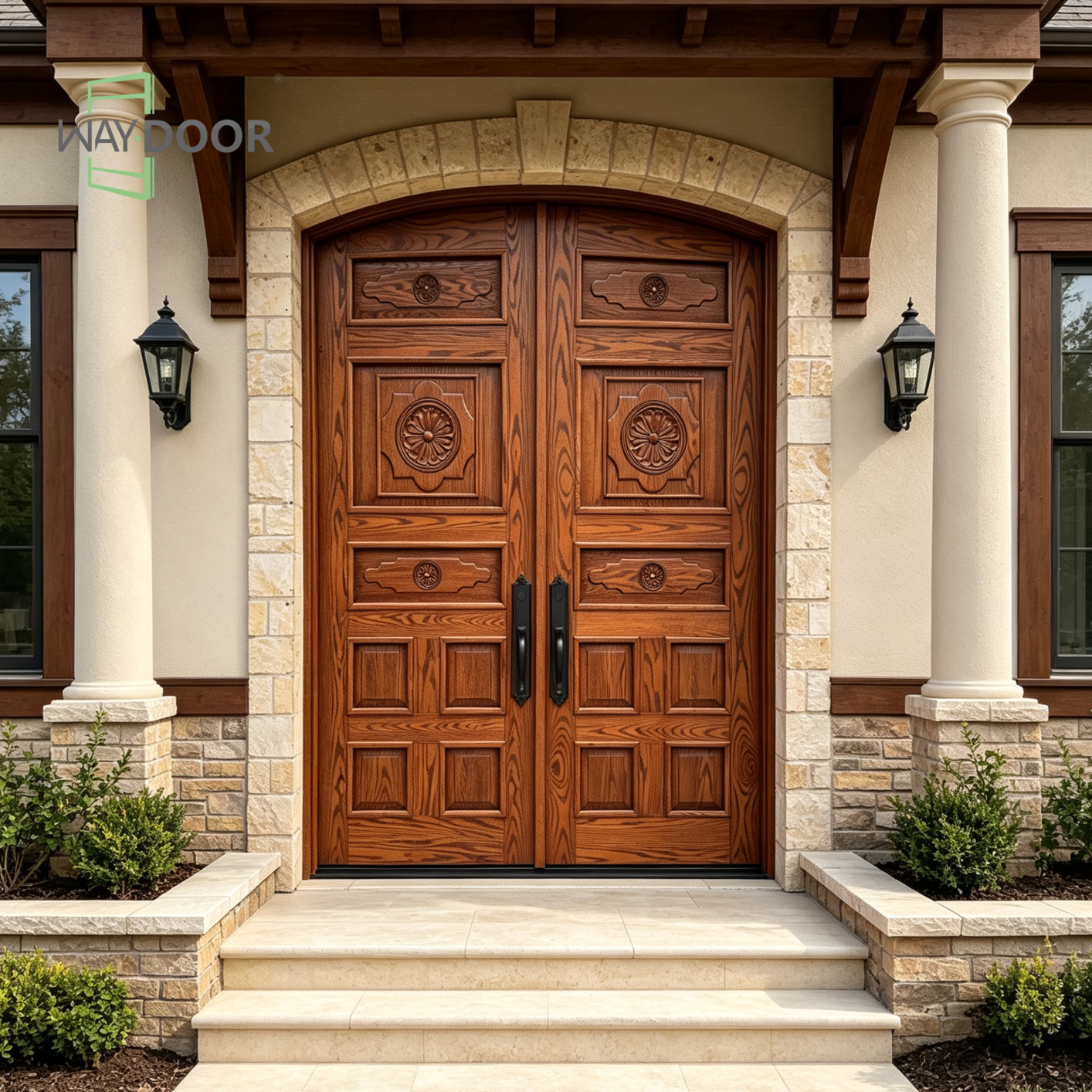 Solid Oak Double Front Entry Door with Carved Floral Detailing
