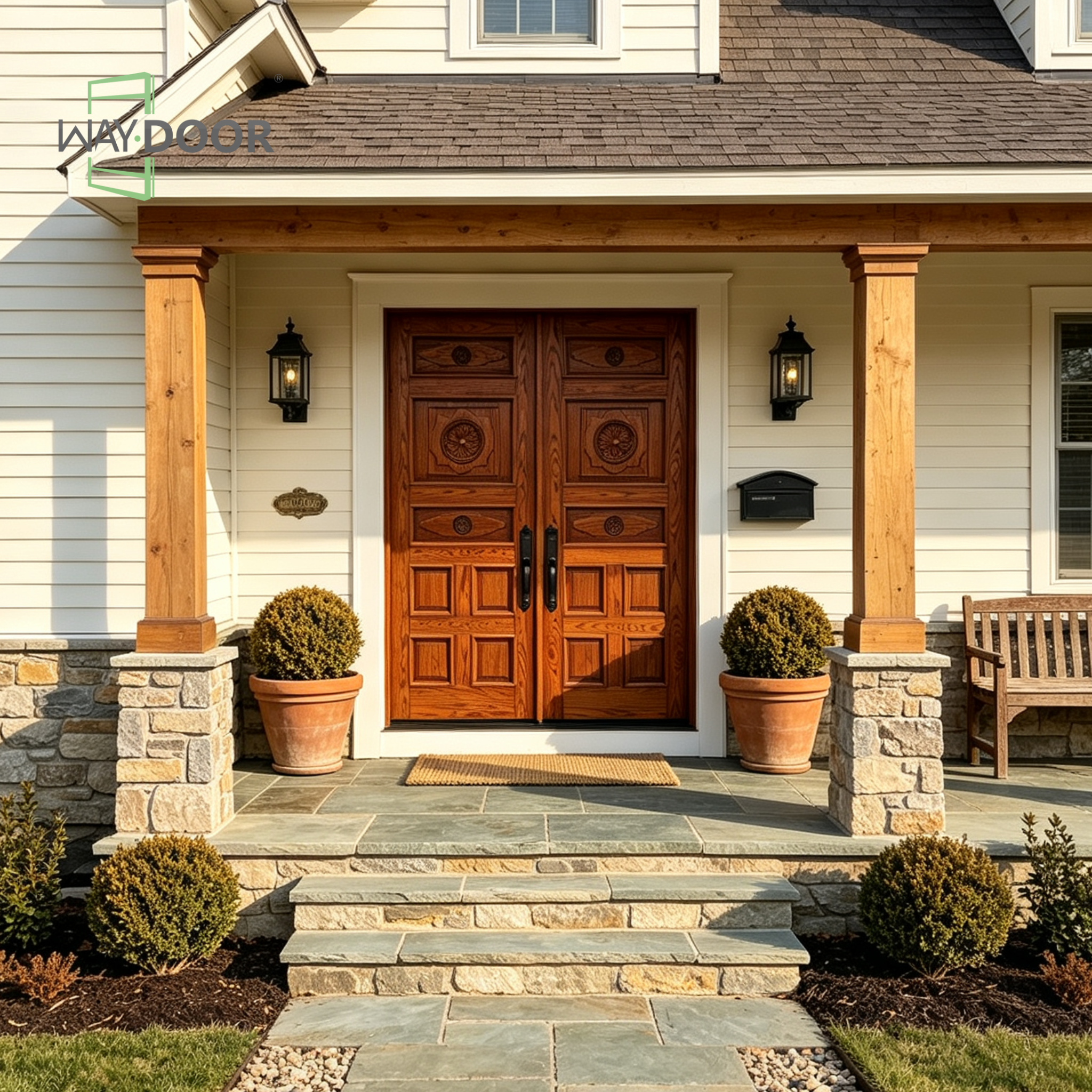 Solid Oak Double Front Entry Door with Carved Floral Detailing