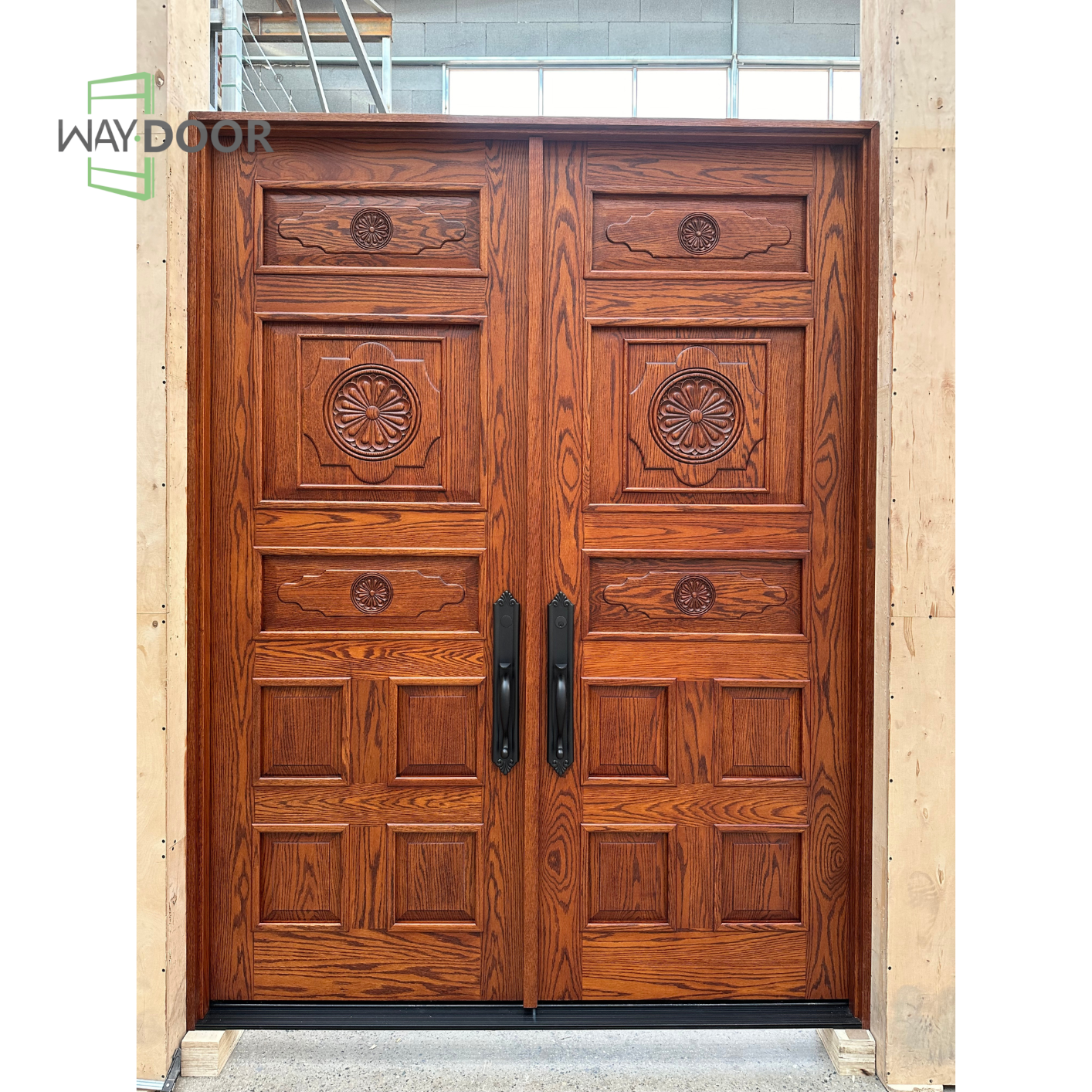 Solid Oak Double Front Entry Door with Carved Floral Detailing