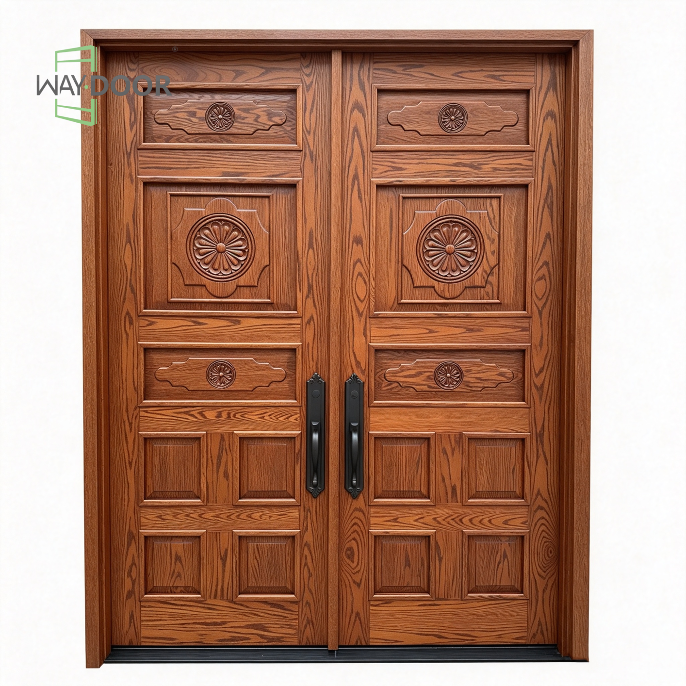 Solid Oak Double Front Entry Door with Carved Floral Detailing