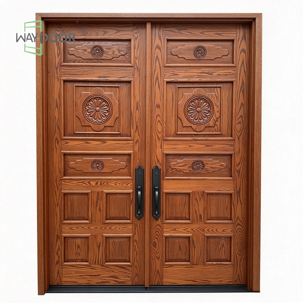 Solid Oak Double Front Entry Door with Carved Floral Detailing