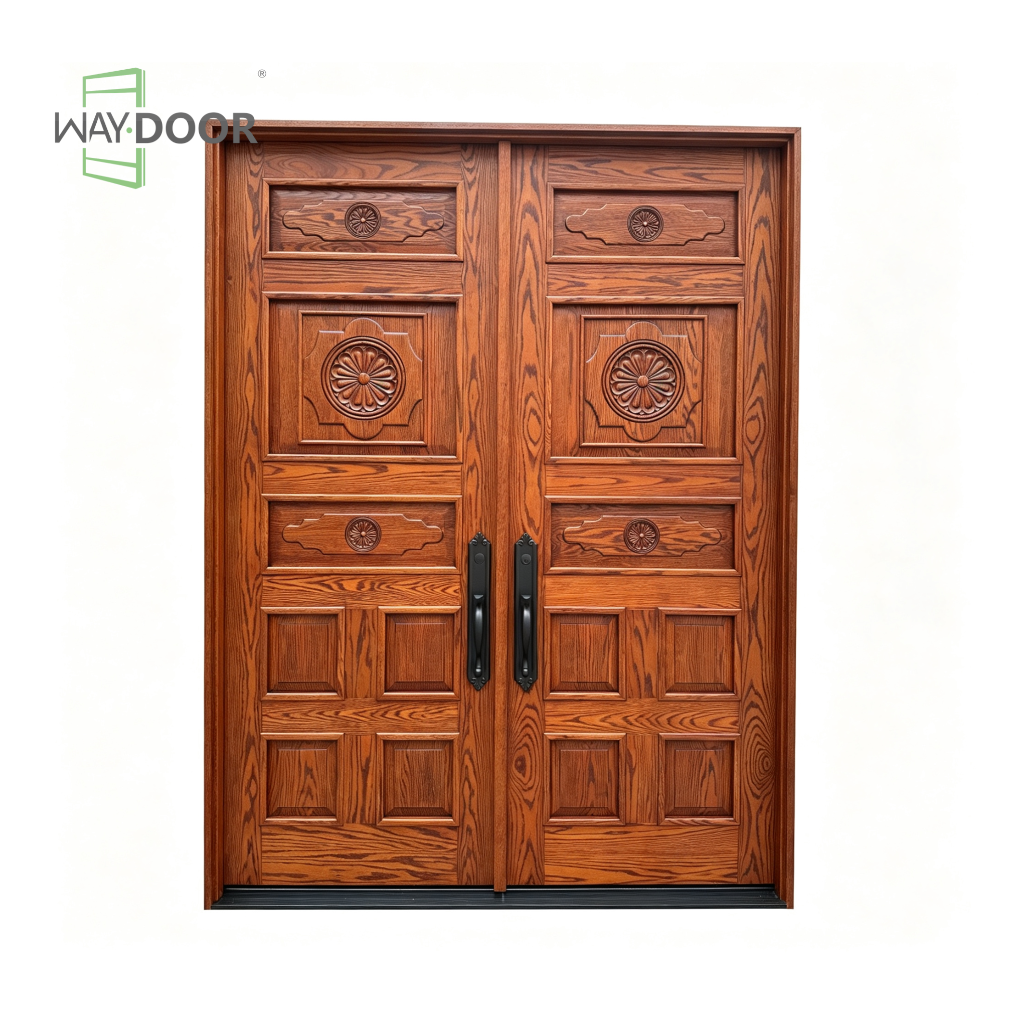 Solid Oak Double Front Entry Door with Carved Floral Detailing
