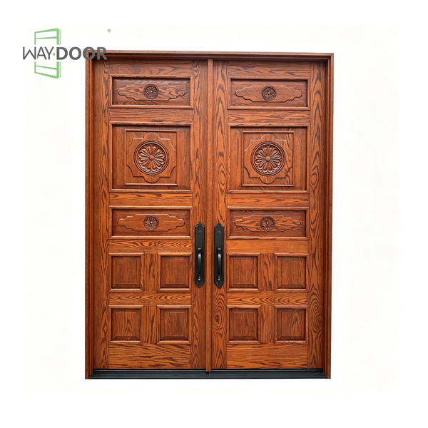 Solid Oak Double Front Entry Door with Carved Floral Detailing
