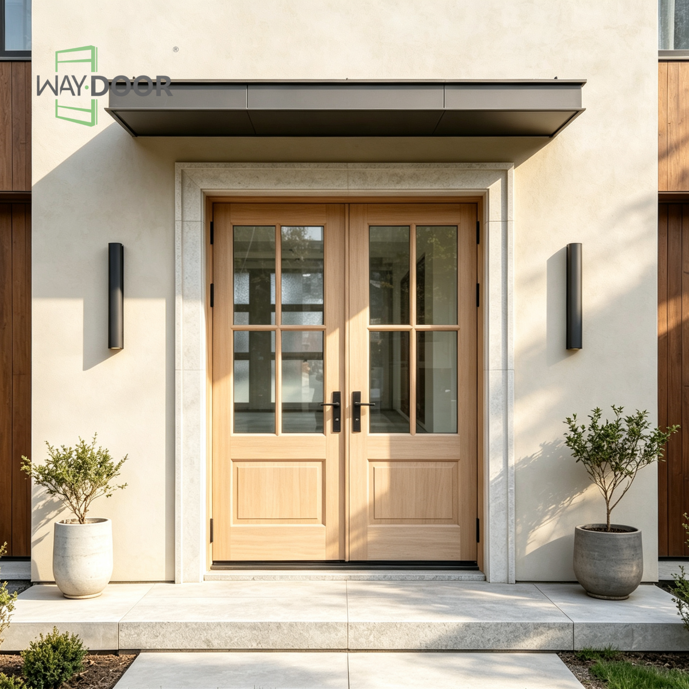 Solid Wood 4‑Lite Clear Glass Double Exterior Hinged Door