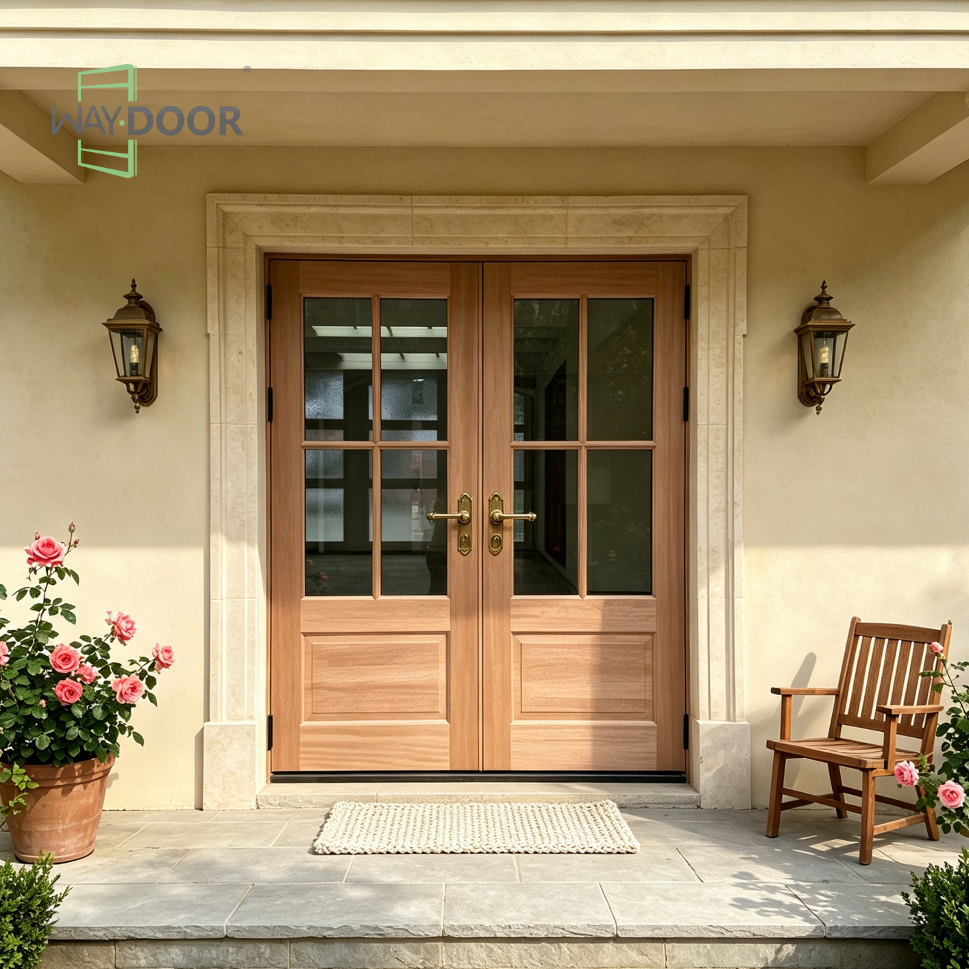 Solid Wood 4‑Lite Clear Glass Double Exterior Hinged Door