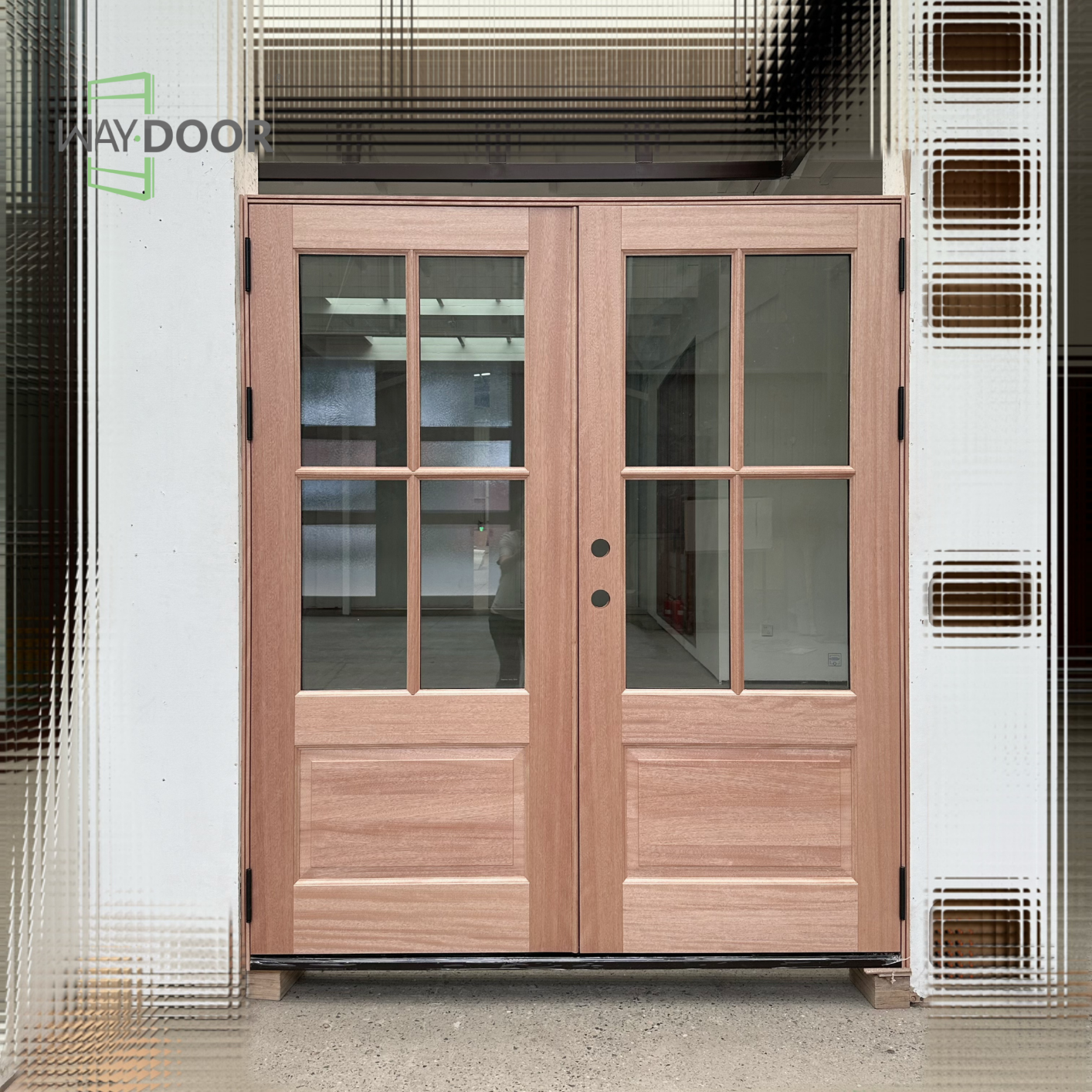 Solid Wood 4‑Lite Clear Glass Double Exterior Hinged Door