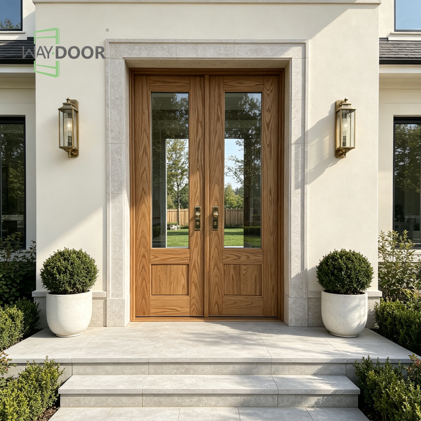 Solid Wood Clear Glass Double Entry Door