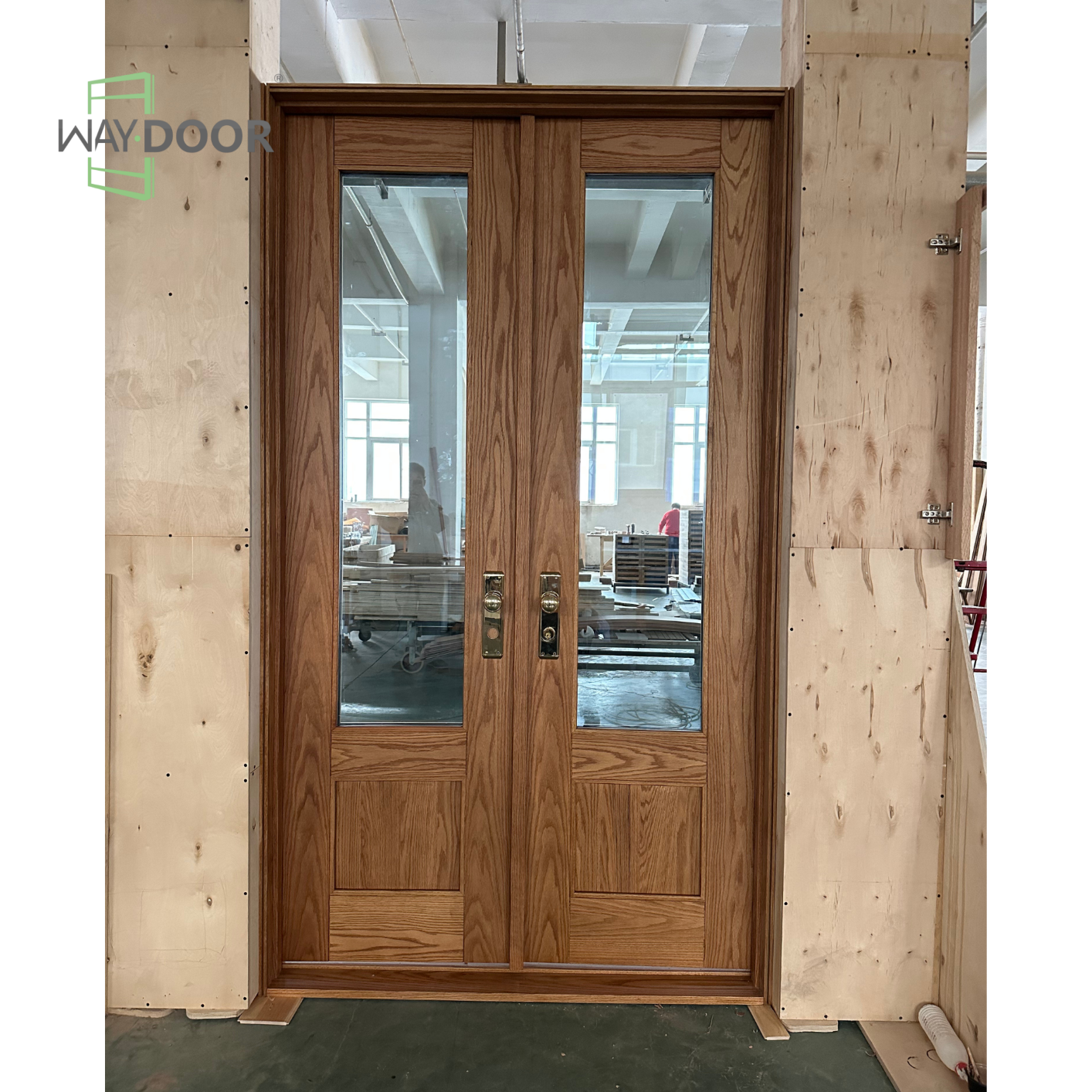 Solid Wood Clear Glass Double Entry Door